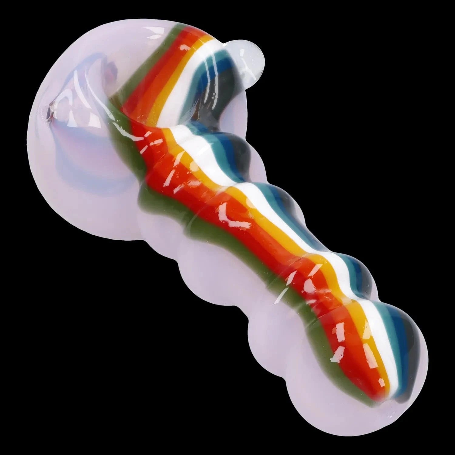 A side view of the Slime Rasta Rainbow Spoon Pipe, showing the colorful glass swirl design of the 4.5-inch pipe.