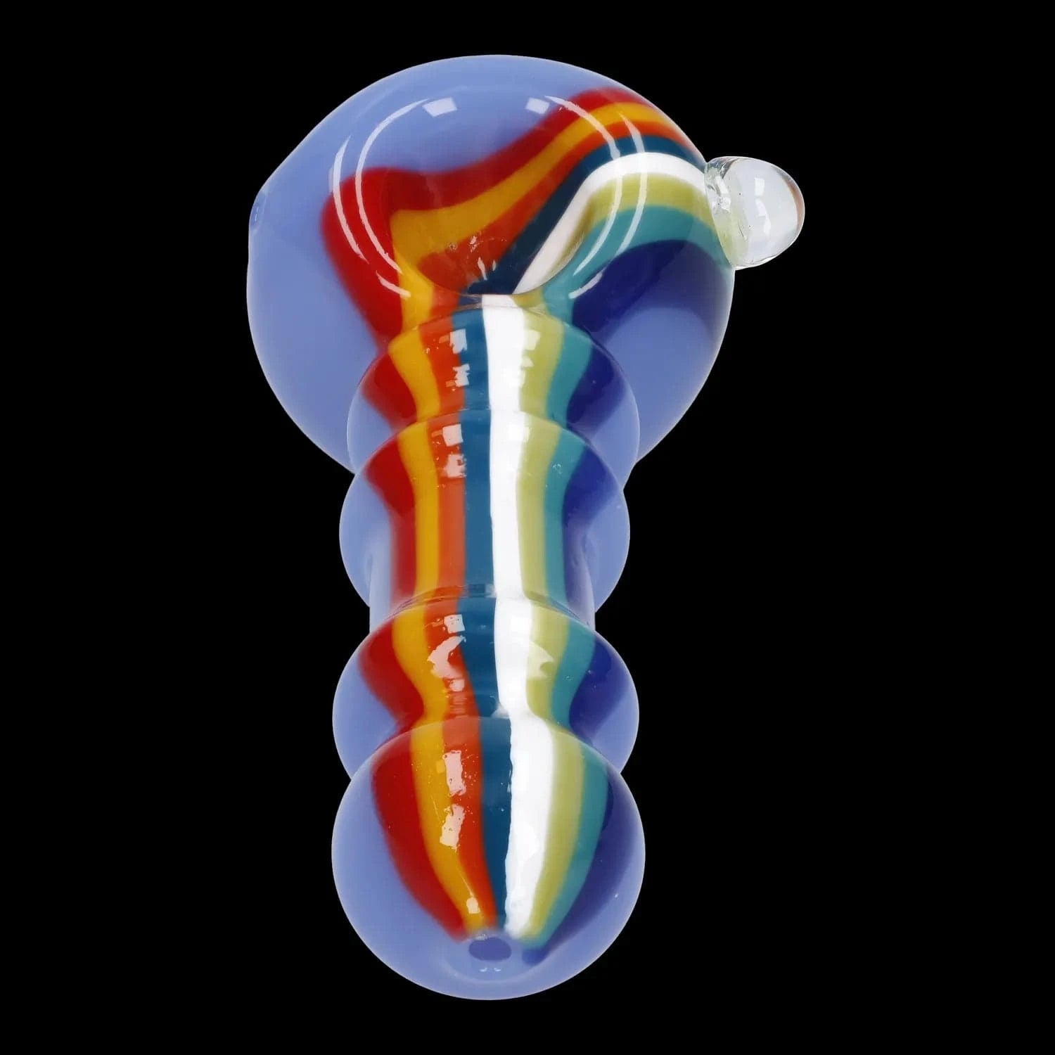 A side view of the Slime Rasta Rainbow Spoon Pipe, displaying a colorful, curved glass design.