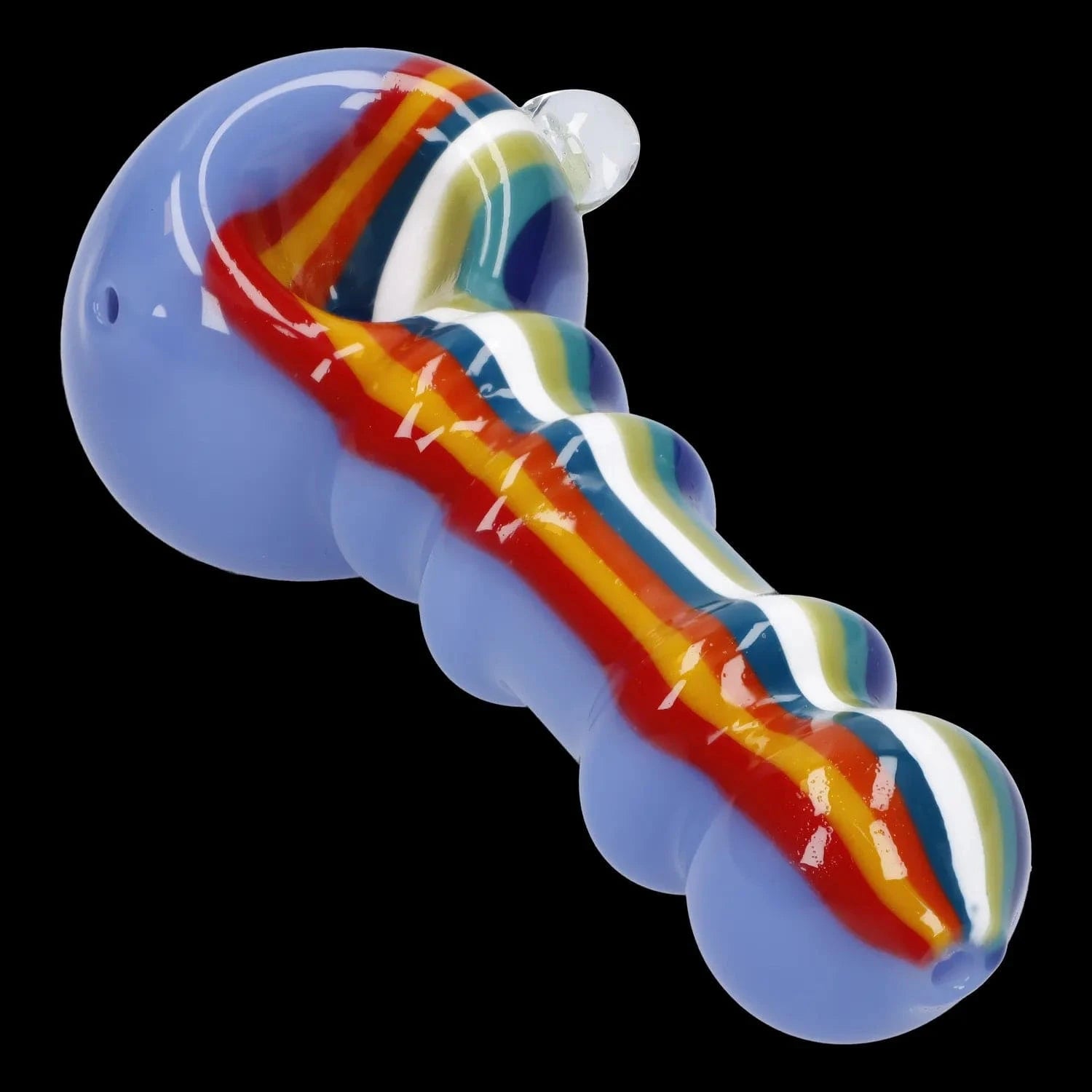 A side view of the Slime Rasta Rainbow Spoon Pipe, showing the colorful glass bowl and curved design.