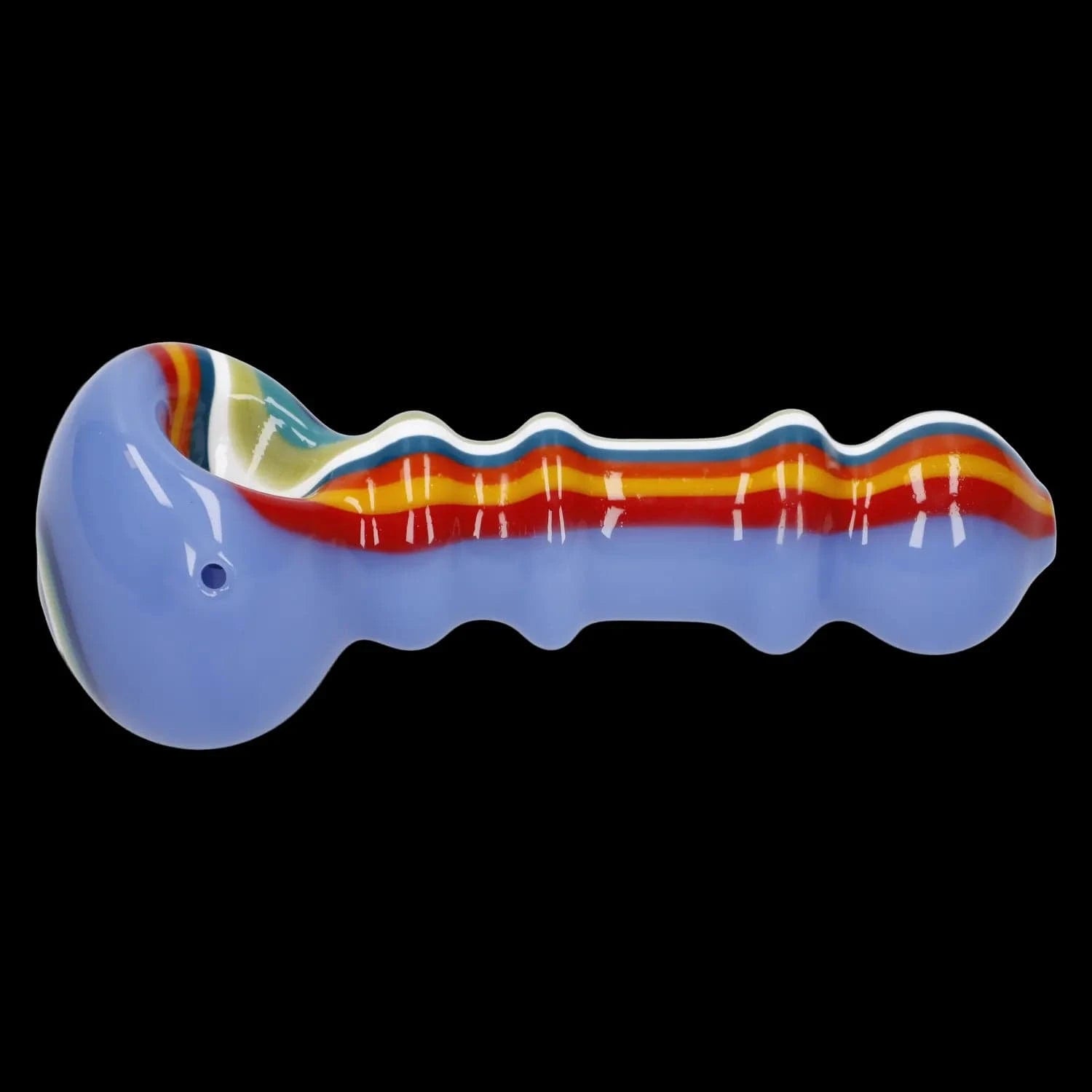 Front view of the Slime Rasta Rainbow Spoon Pipe, a colorful 4.5-inch glass pipe with a curved bowl.
