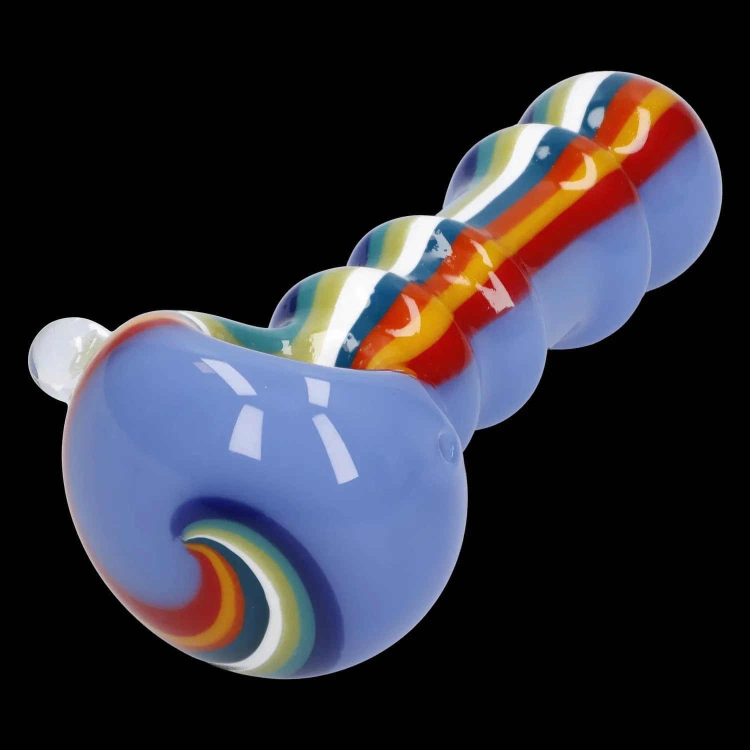 A three-quarter view of the 4.5-inch Slime Rasta Rainbow Spoon Pipe, showcasing its colorful, curved design against a black background.