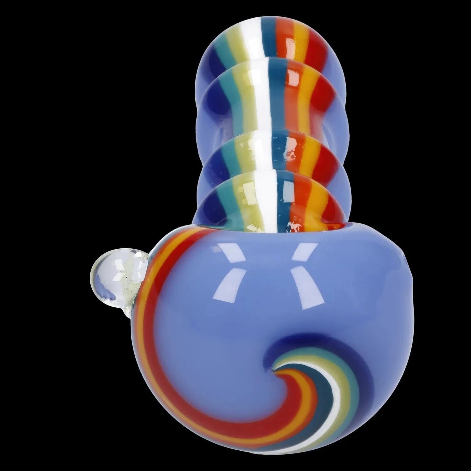 Front view of the Slime Rasta Rainbow Spoon Pipe, a 4.5-inch glass pipe with a vibrant, colorful rainbow swirl pattern.