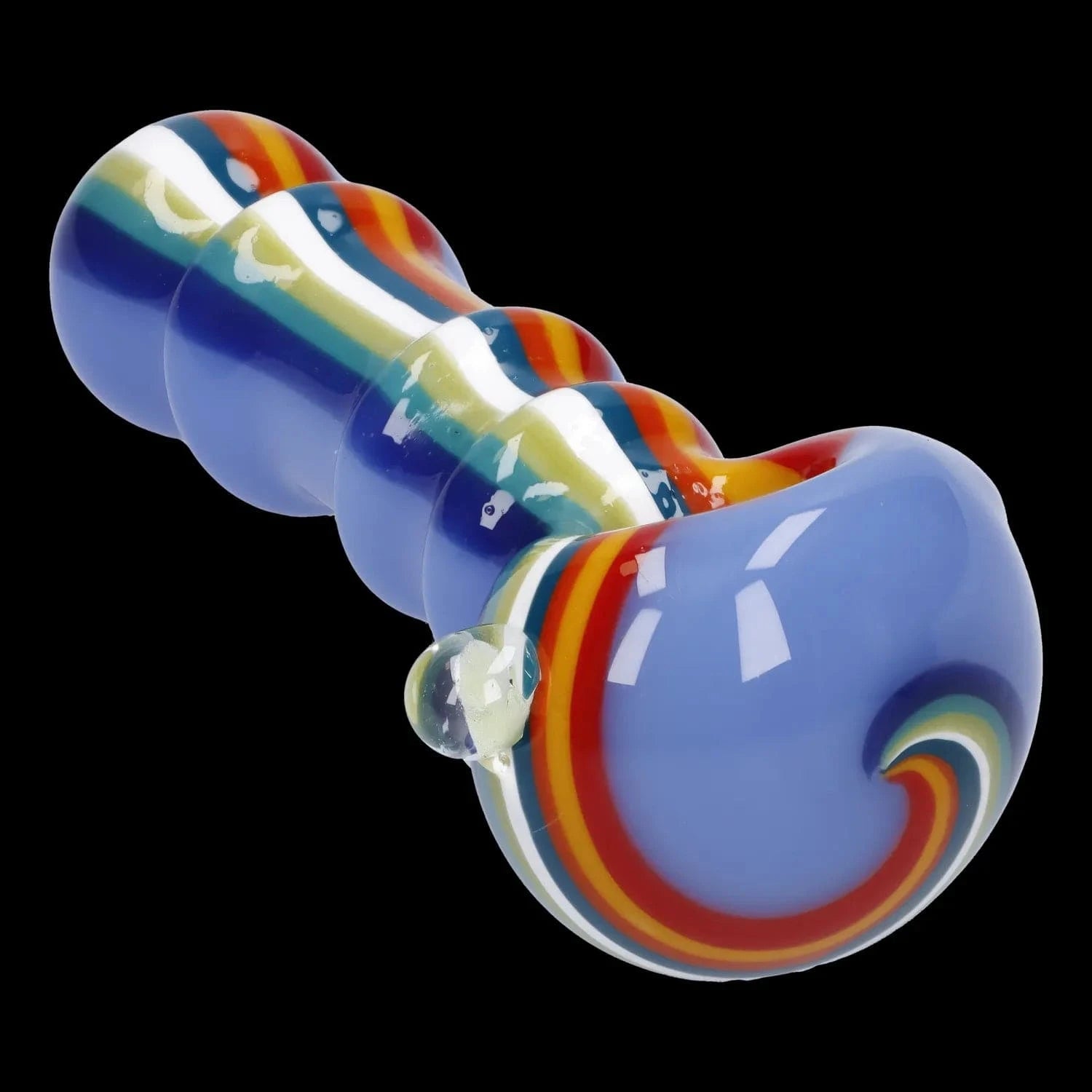 A vibrant side view of the Slime Rasta Rainbow Spoon Pipe, showcasing its colorful glass swirl design.