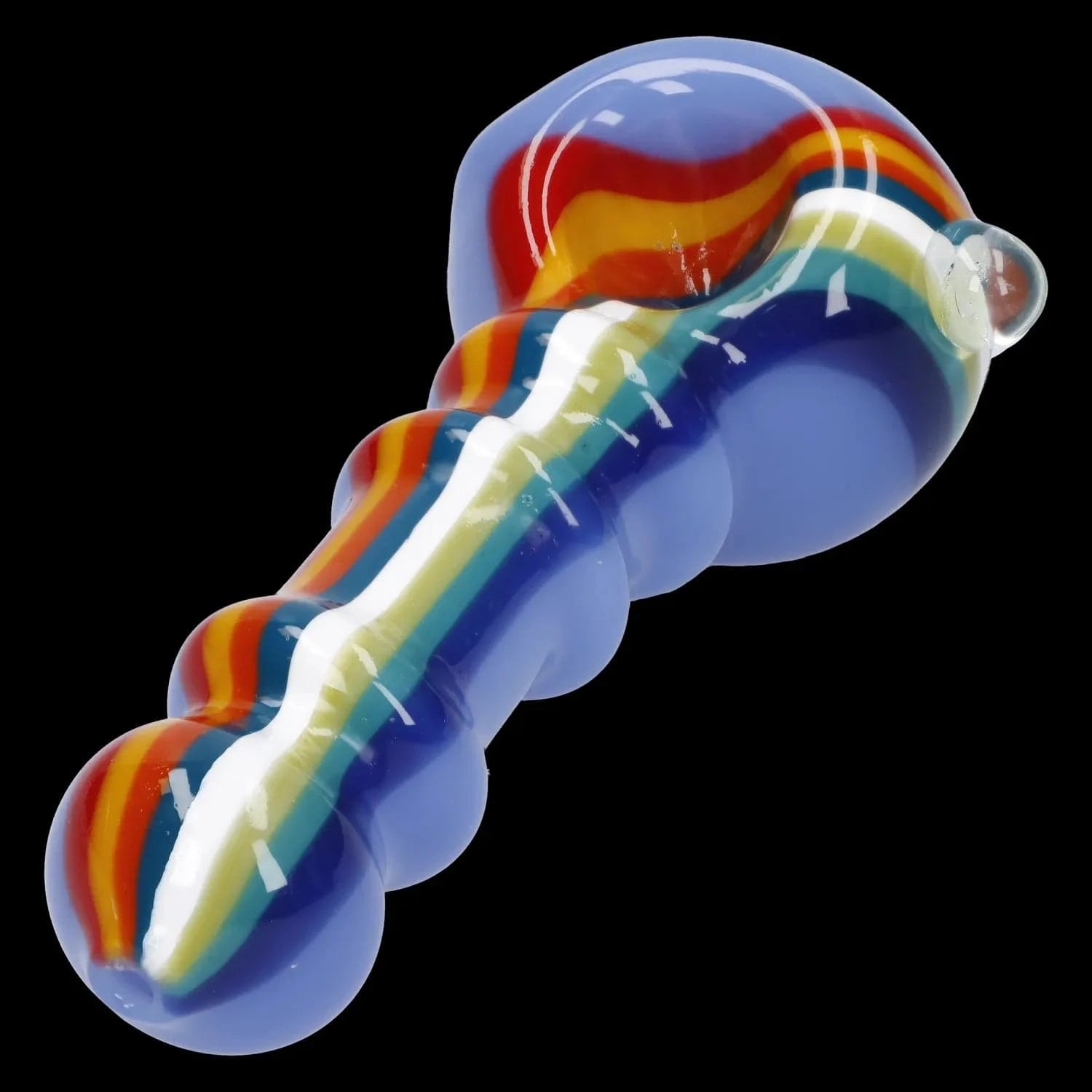 A diagonal view of the 4.5-inch Slime Rasta Rainbow Spoon Pipe, featuring a colorful, curved glass design.