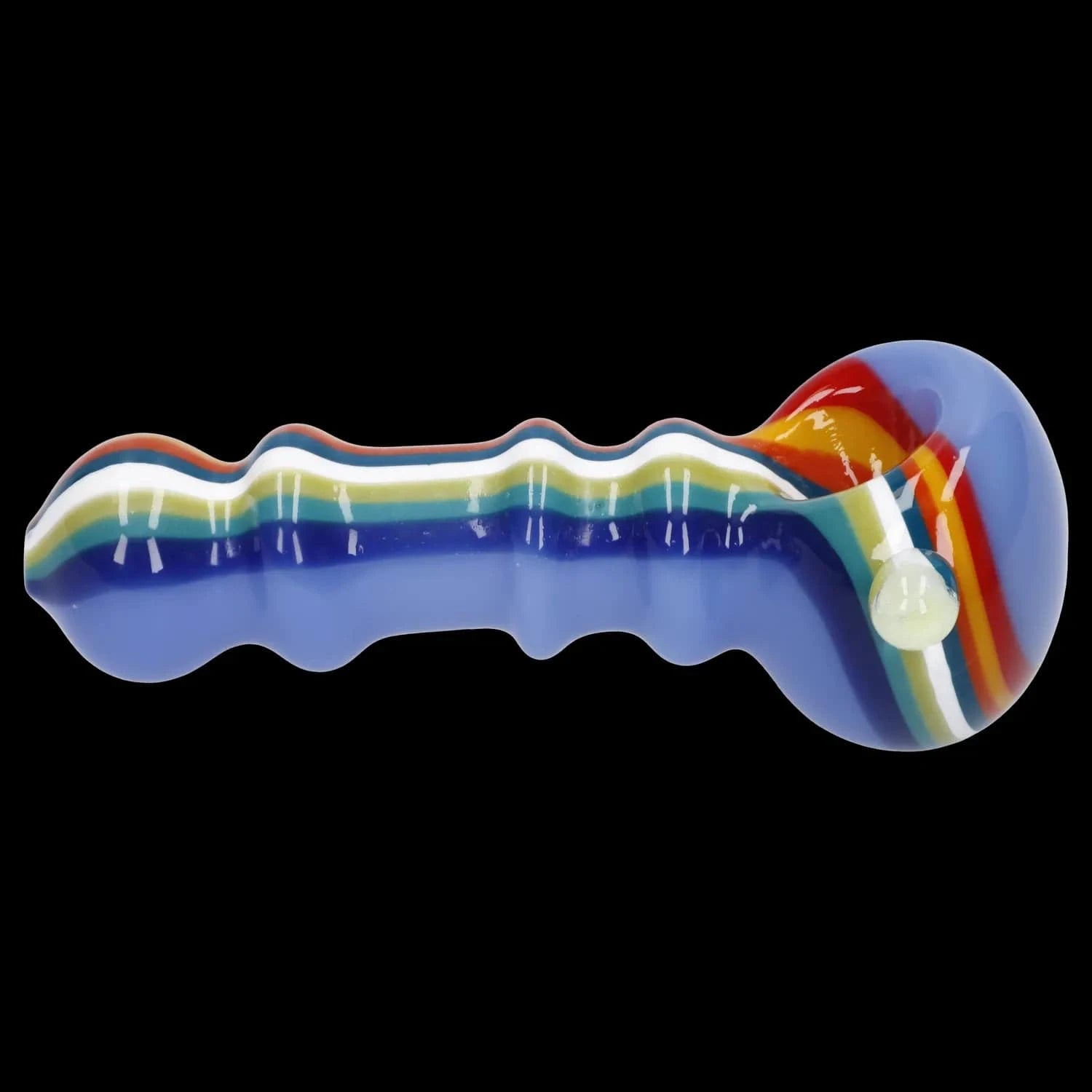 A side view of the 4.5-inch Slime Rasta Rainbow Spoon Pipe, showing its colorful, curved glass design against a black background.
