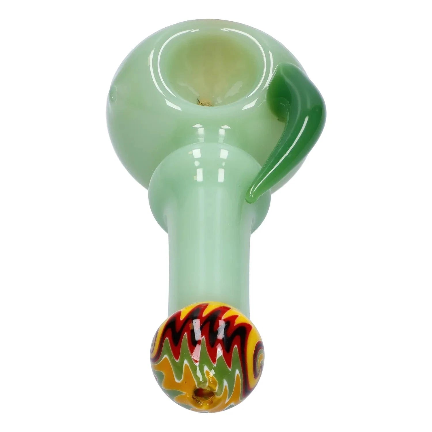 Top-down view of the Slime Tube Horn Reversal Art Spoon Pipe - 4.5 in, showing a pale green bowl and neck with a darker green horn accent and a colorful swirled carb cap.