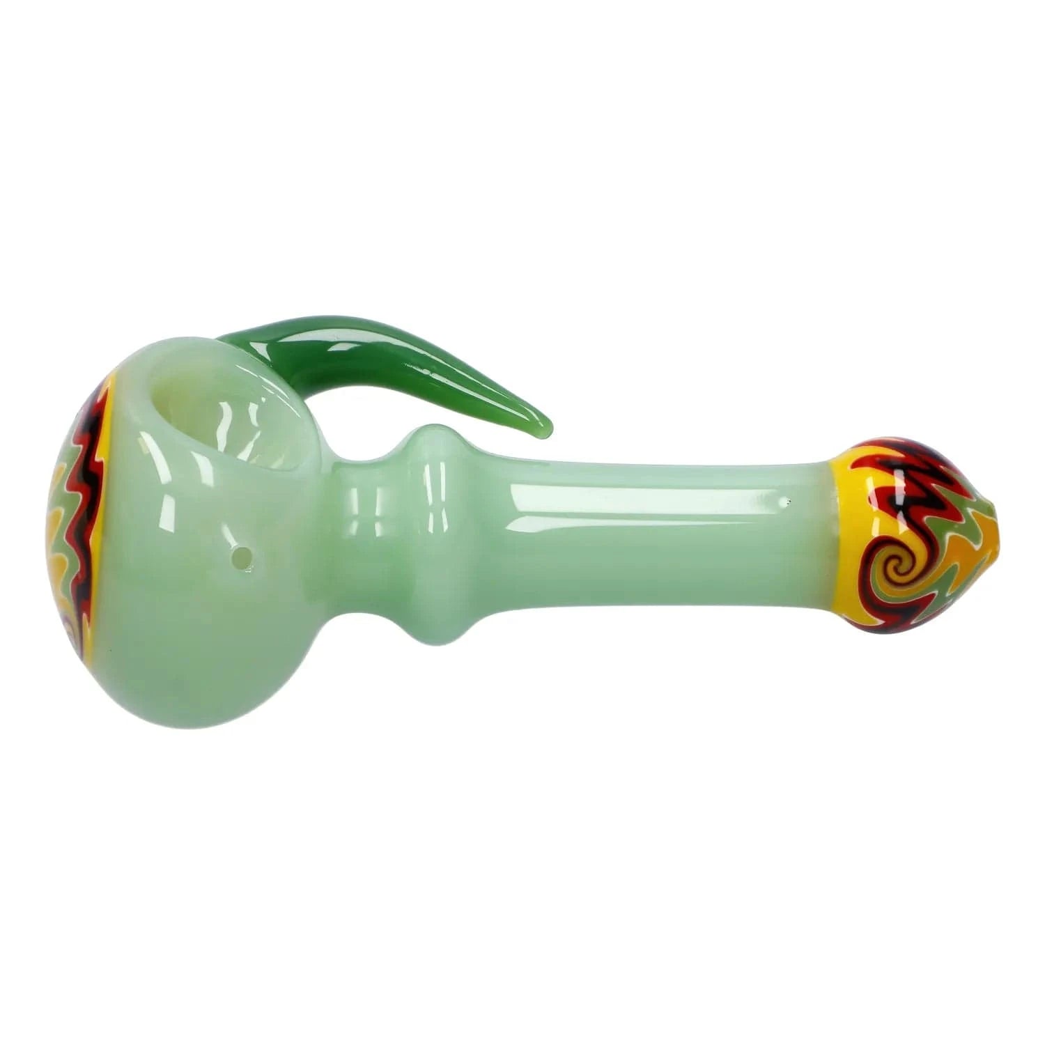 Side view of the Slime Tube Horn Reversal Art Spoon Pipe - 4.5 in, a pale green glass spoon pipe with a green horn handle and colorful swirled accents on the bowl and tip