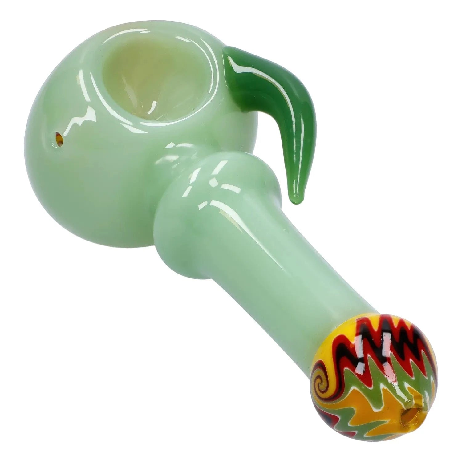 Angled close-up of the Slime Tube Horn Reversal Art Spoon Pipe - 4.5 in showing a pale mint green glass bowl and handle with a curved darker green horn accent and a multicolored patterned mouthpiece.