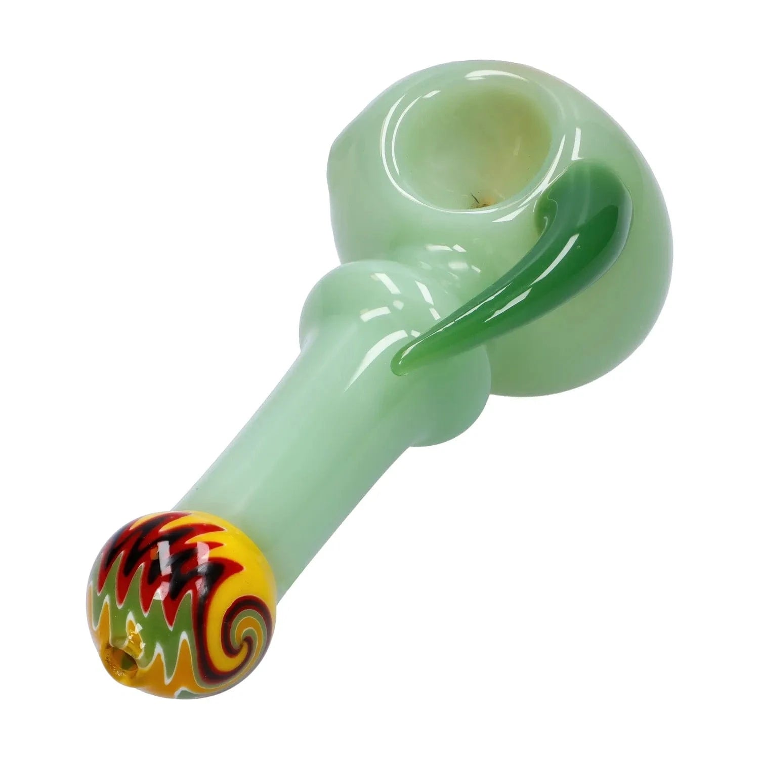 Angled close-up of the Slime Tube Horn Reversal Art Spoon Pipe - 4.5 in, showing its glossy pale green bowl and curved green horn accent with a colorful swirled mouthpiece.