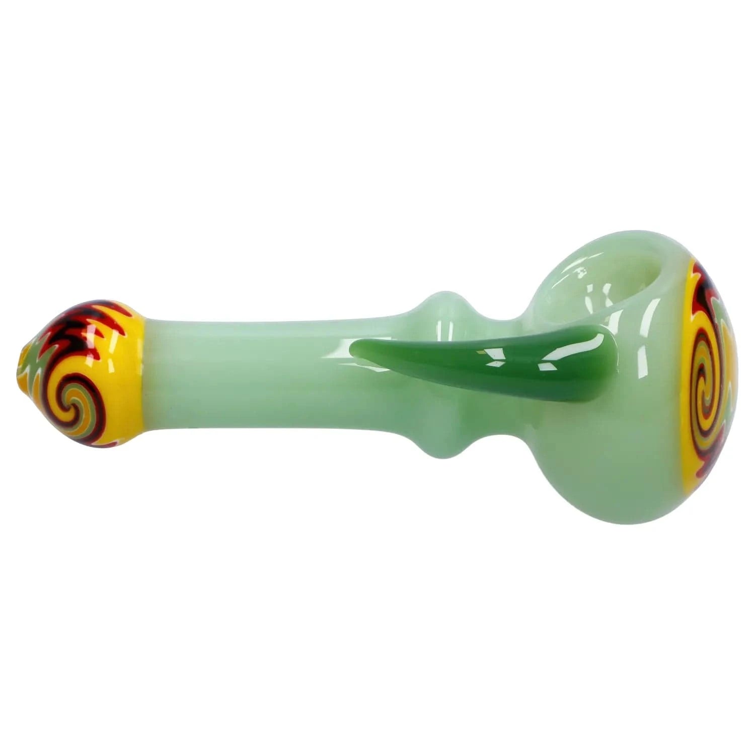 Side profile of the Slime Tube Horn Reversal Art Spoon Pipe - 4.5 in showing a pale green glass body with a raised thumb rest and colorful yellow-red swirl accents at both ends.