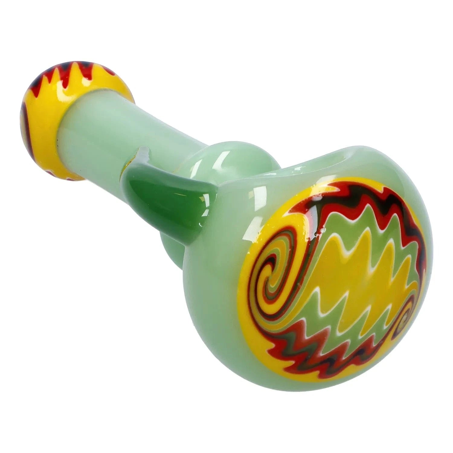 Angled close-up of the Slime Tube Horn Reversal Art Spoon Pipe - 4.5 in showing its pale green body, green handle, and a yellow, red and green swirl-patterned bowl.