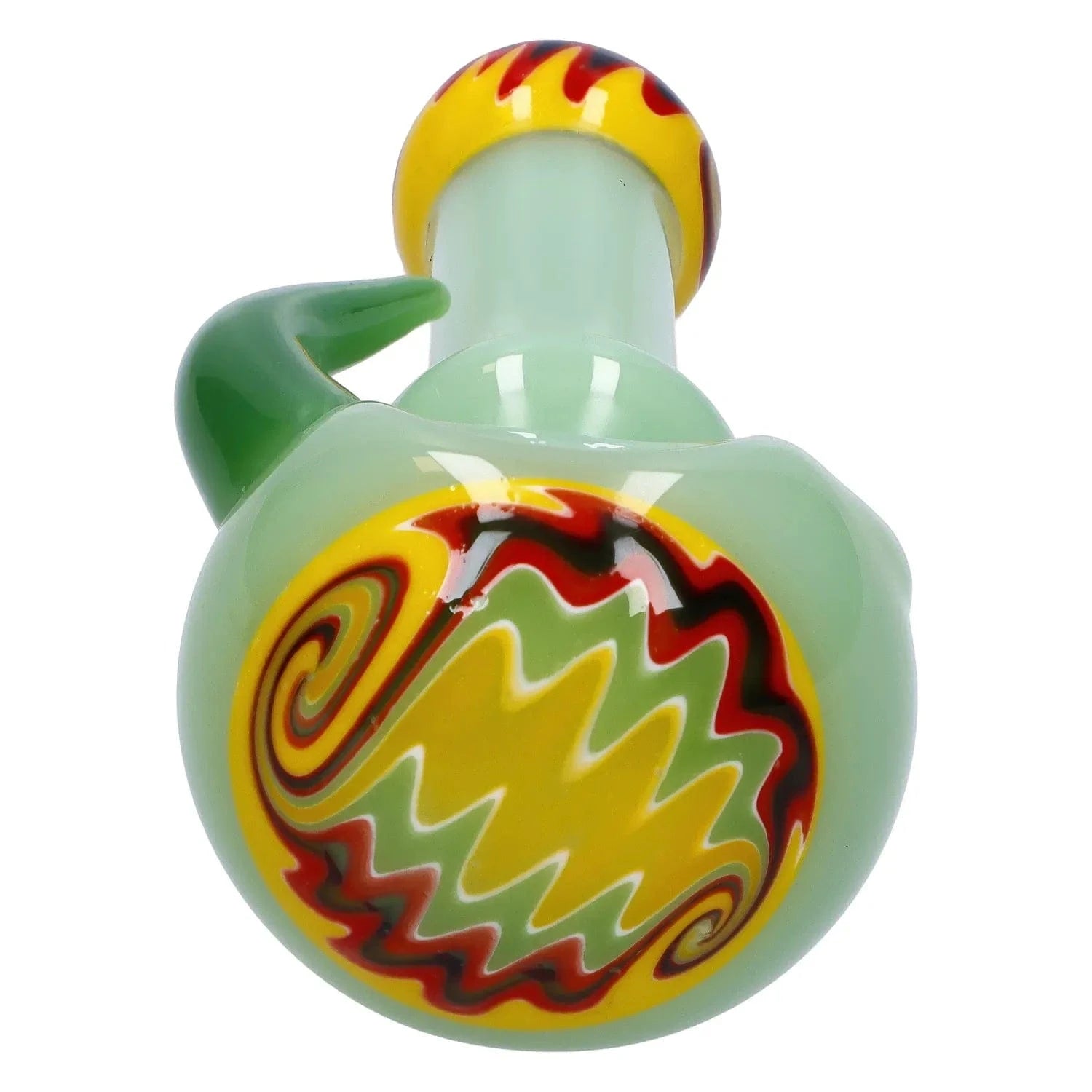 Close-up front view of the Slime Tube Horn Reversal Art Spoon Pipe - 4.5 in showing a pale green glass body with a yellow and red swirled circular pattern and green handle.