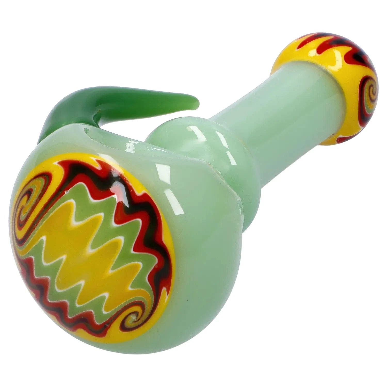 Angled close-up of the Slime Tube Horn Reversal Art Spoon Pipe - 4.5 in, showing a pale green glass body with yellow swirled end caps and a hooked mouthpiece.