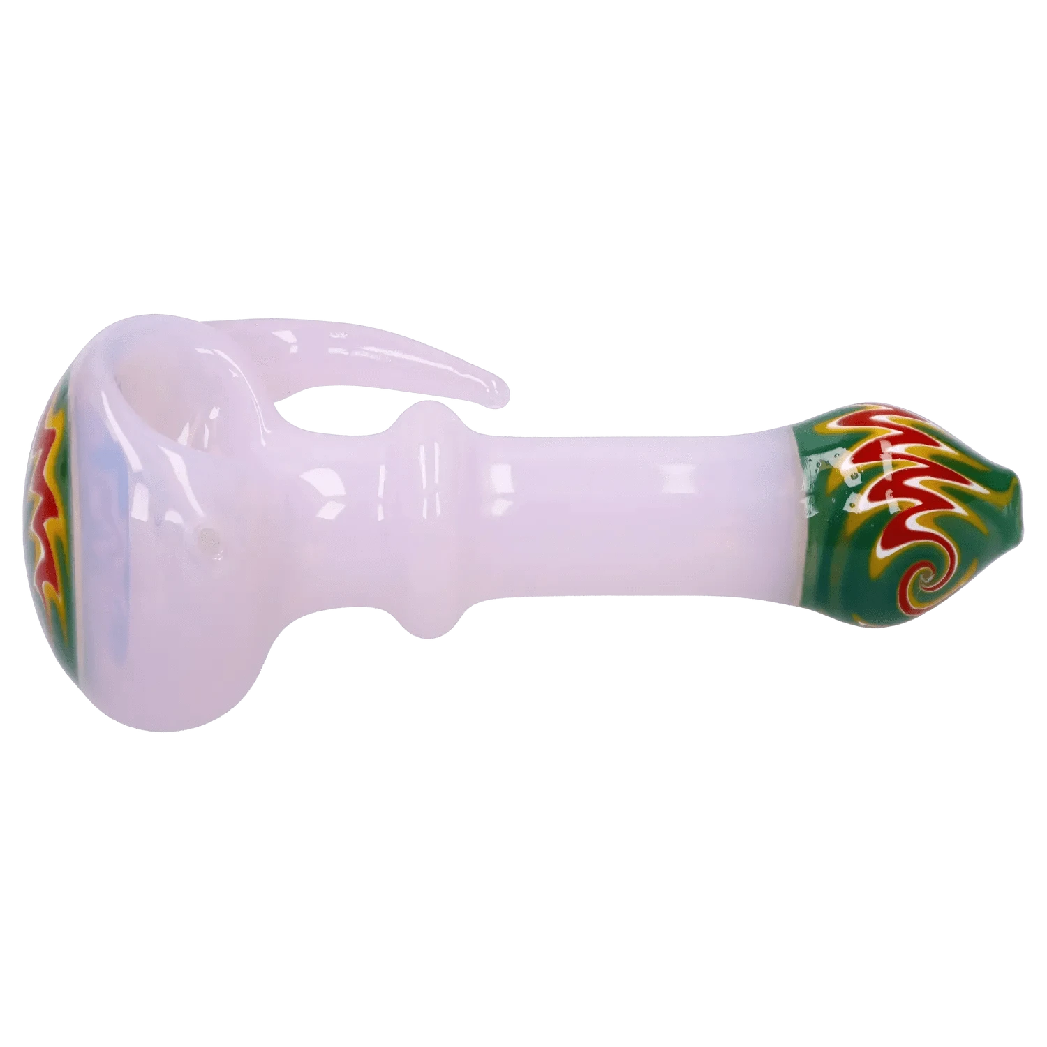 Side profile of the Slime Tube Horn Reversal Art Spoon Pipe - 4.5 in, a pale pink glass spoon with a green, red, and yellow swirl tip.
