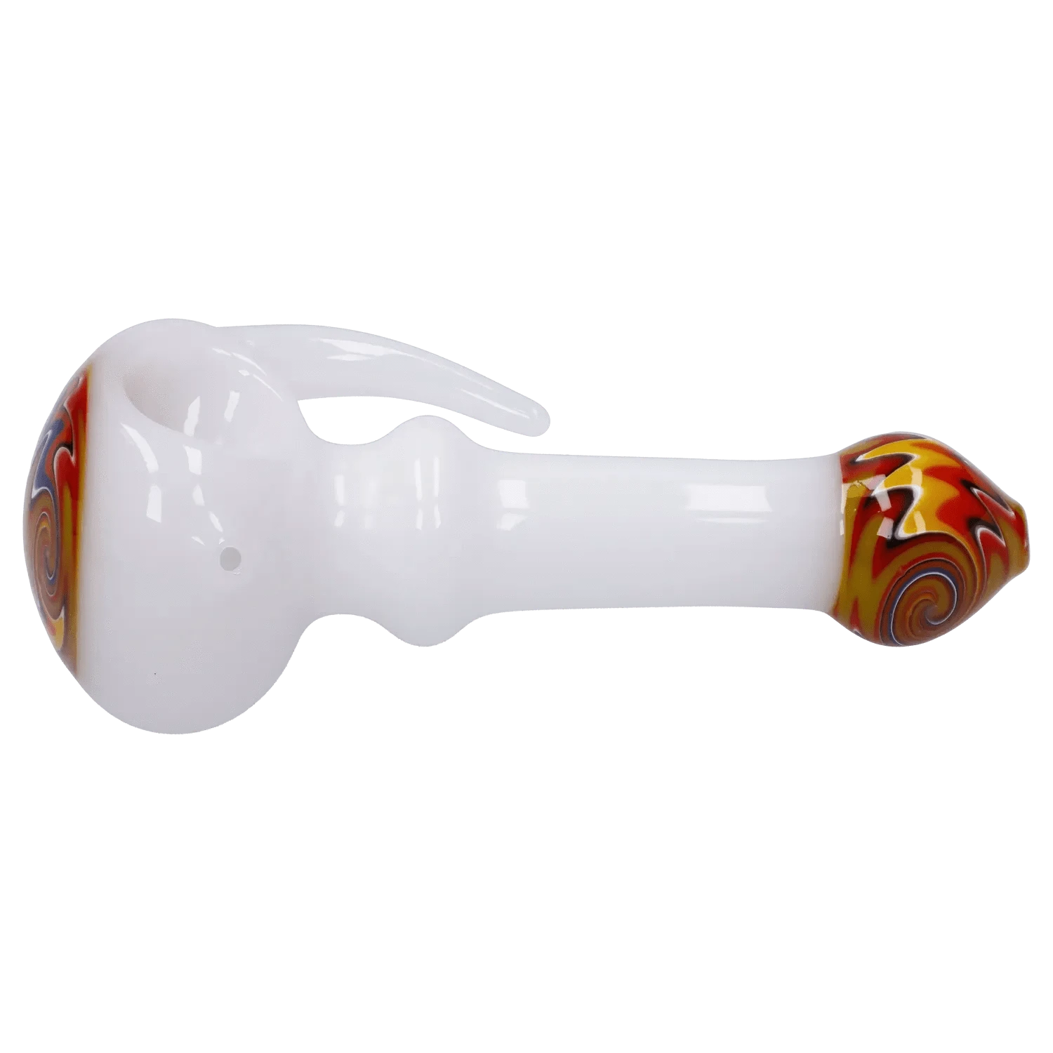 Side view of the Slime Tube Horn Reversal Art Spoon Pipe - 4.5 in showing a glossy white glass body with a curved horn handle and a red-yellow swirled bulb at the tip.