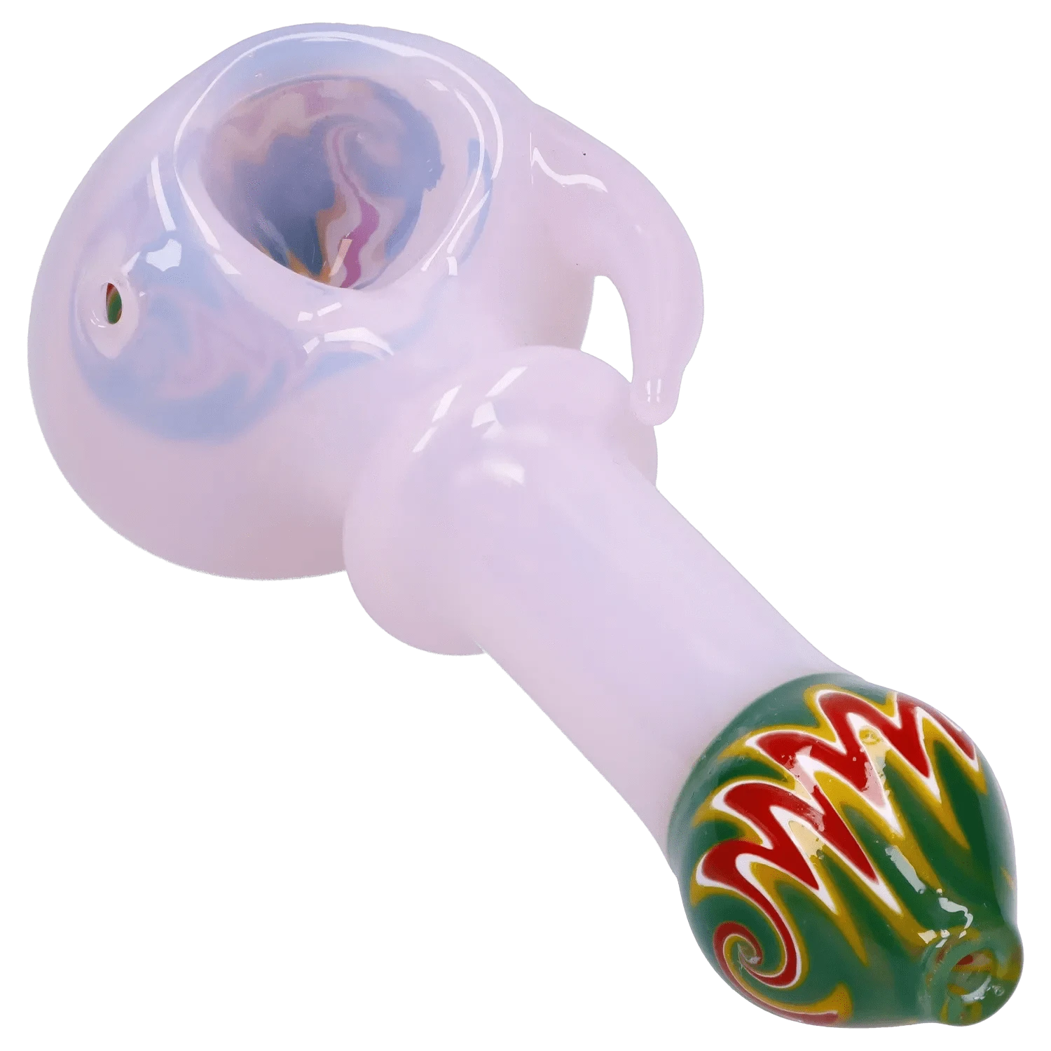Close-up angled view of the Slime Tube Horn Reversal Art Spoon Pipe - 4.5 in showing its pale pink bowl with marbled interior and green, red, and yellow swirled mouthpiece.