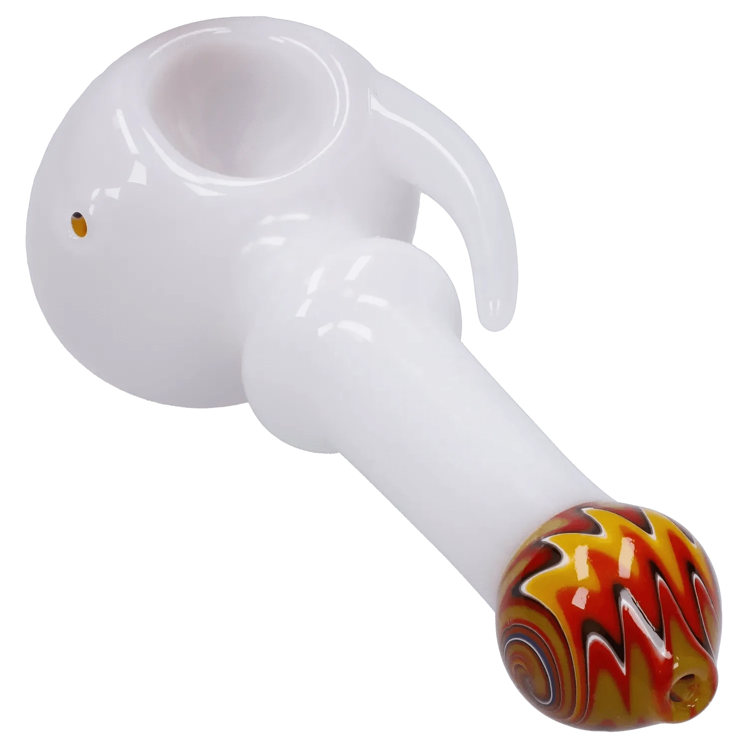 Angled close-up of the white Slime Tube Horn Reversal Art Spoon Pipe - 4.5 in showing the bowl, side carb, curved horn and a red-yellow swirl tip.