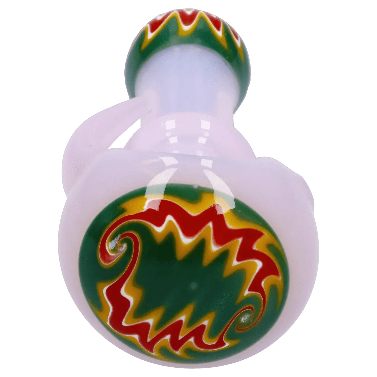 Top-down close-up of the Slime Tube Horn Reversal Art Spoon Pipe - 4.5 in showing a white glass body with a green, red and yellow swirled circular bowl design.