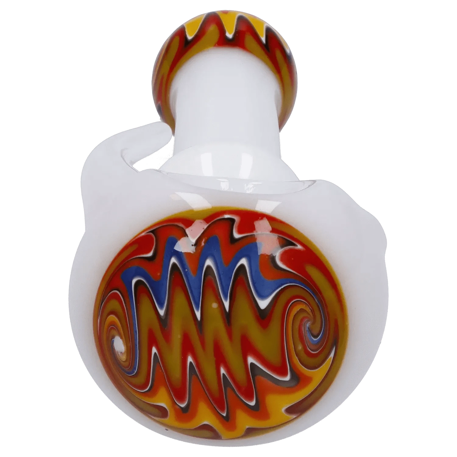 Top-down close-up of the Slime Tube Horn Reversal Art Spoon Pipe - 4.5 in showing a white glass body and a colorful red, yellow and blue swirled bowl.