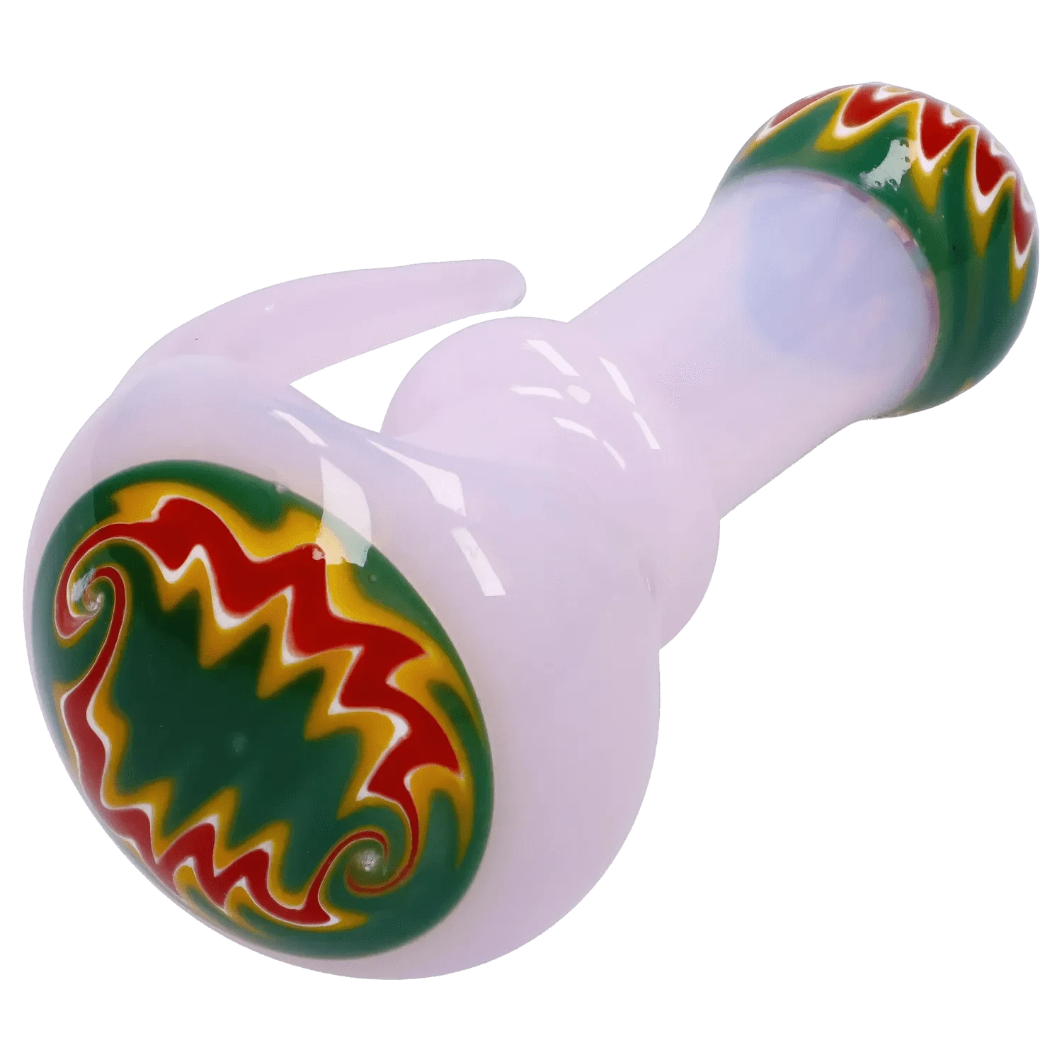 Angled close-up of the Slime Tube Horn Reversal Art Spoon Pipe - 4.5 in showing its pale pink body and colorful swirled green, red, and yellow bowl accents.
