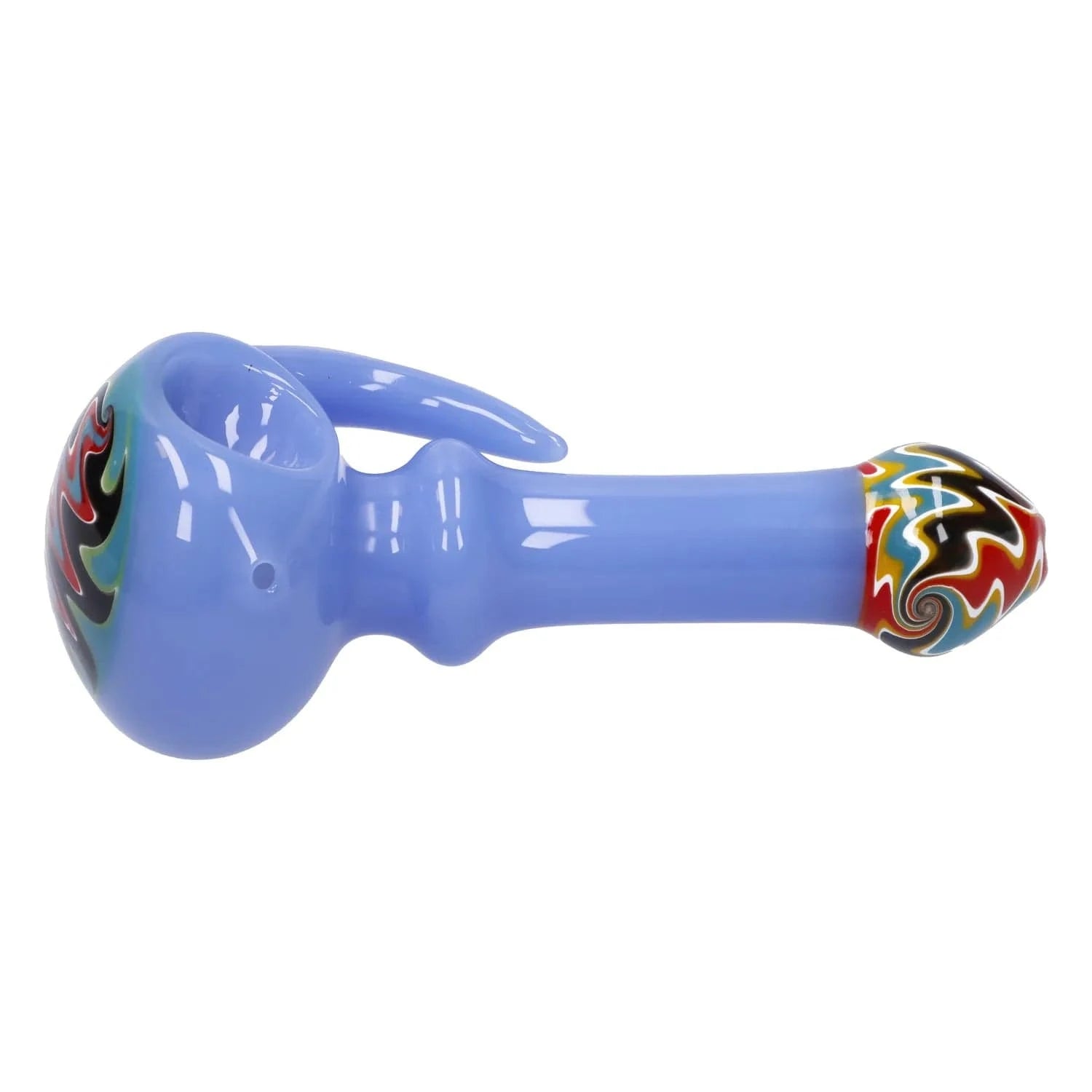 Side profile of the Slime Tube Horn Reversal Art Spoon Pipe - 4.5 in, a light blue glass spoon pipe with a colorful swirled tip and bowl against a white background