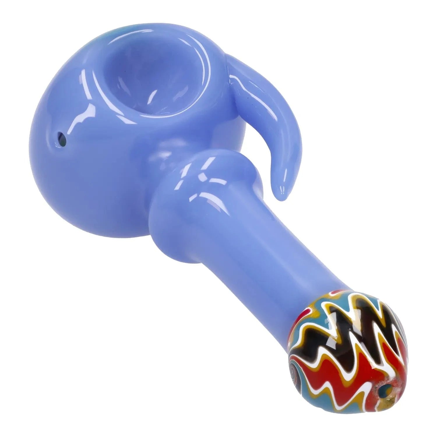 Close-up angled view of the blue Slime Tube Horn Reversal Art Spoon Pipe - 4.5 in, showing its rounded bowl, curved horn detail, and colorful patterned mouthpiece.