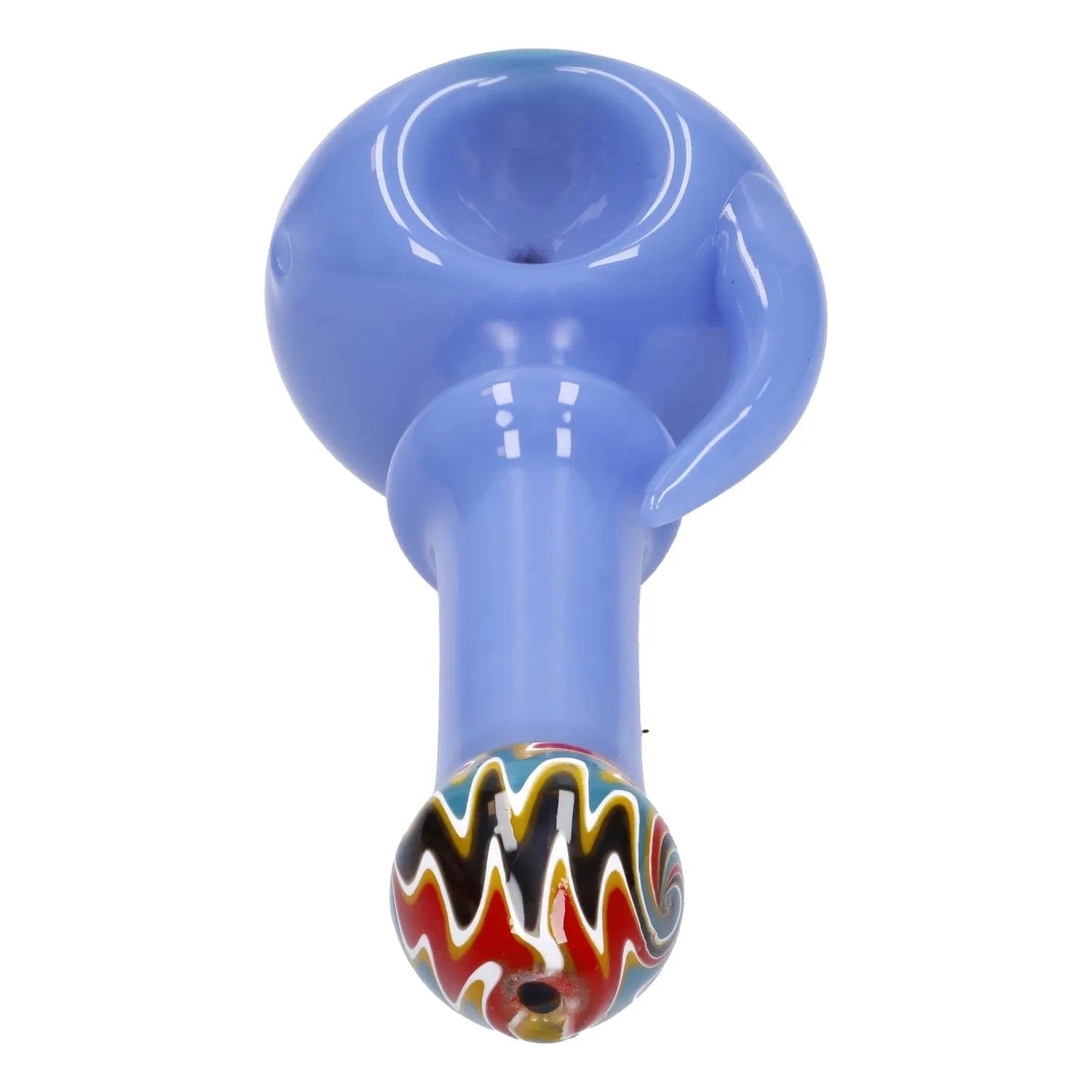 Top-down view of the Slime Tube Horn Reversal Art Spoon Pipe - 4.5 in, showing a glossy light-blue bowl and neck with a colorful zigzag-patterned bulb at the tip