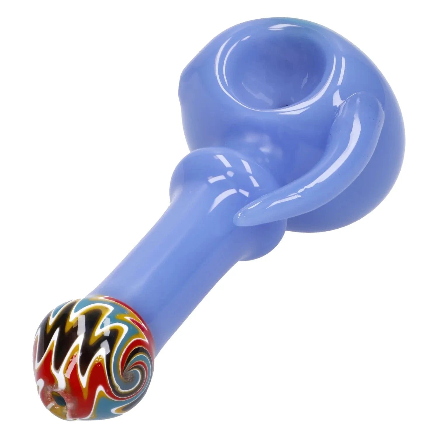 Close-up angled view of the Slime Tube Horn Reversal Art Spoon Pipe - 4.5 in in glossy sky-blue glass with a multicolored swirled bulb tip on a white background