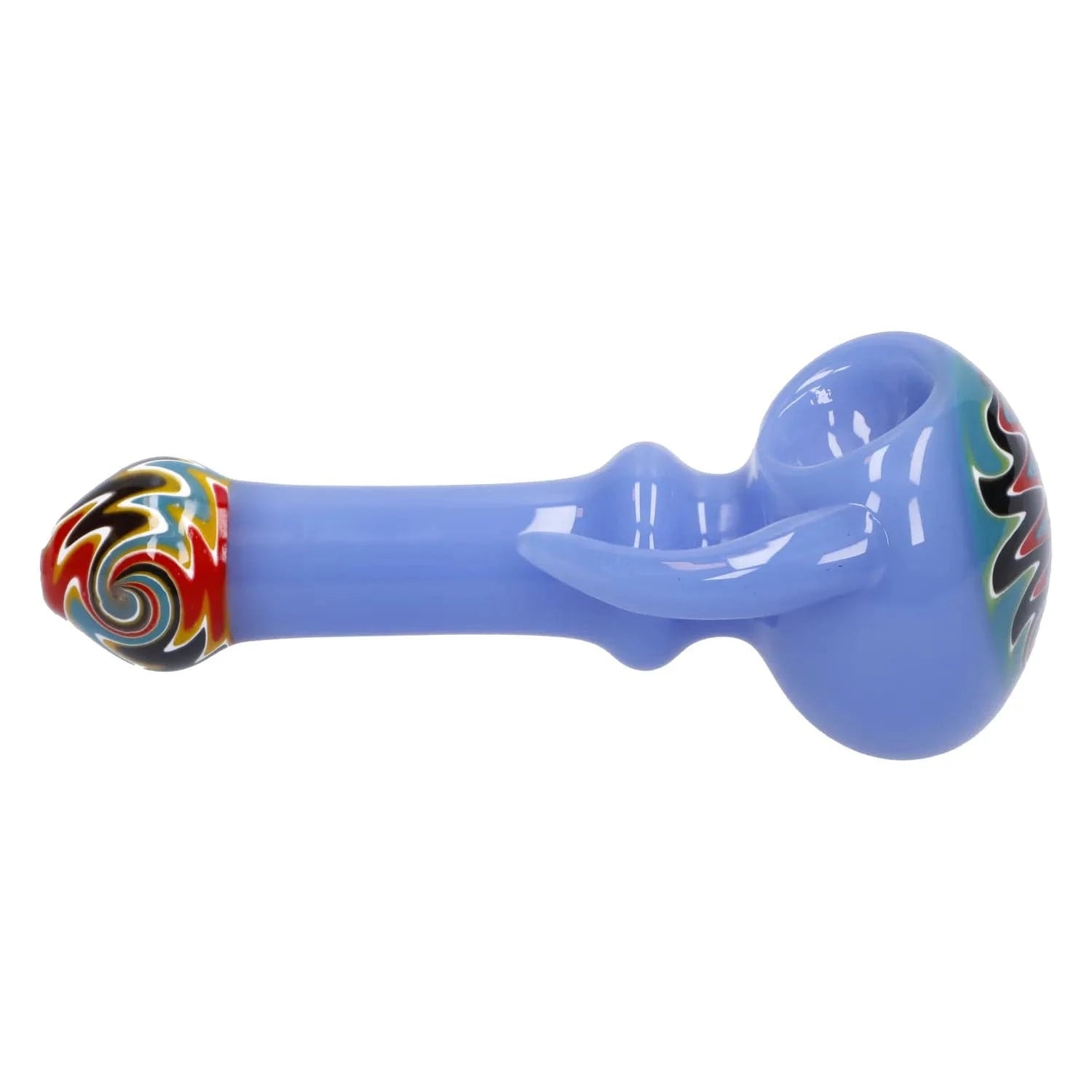 Side profile of the Slime Tube Horn Reversal Art Spoon Pipe - 4.5 in, showing a glossy light-blue bowl and stem with a multicolor swirled tip on a white background.