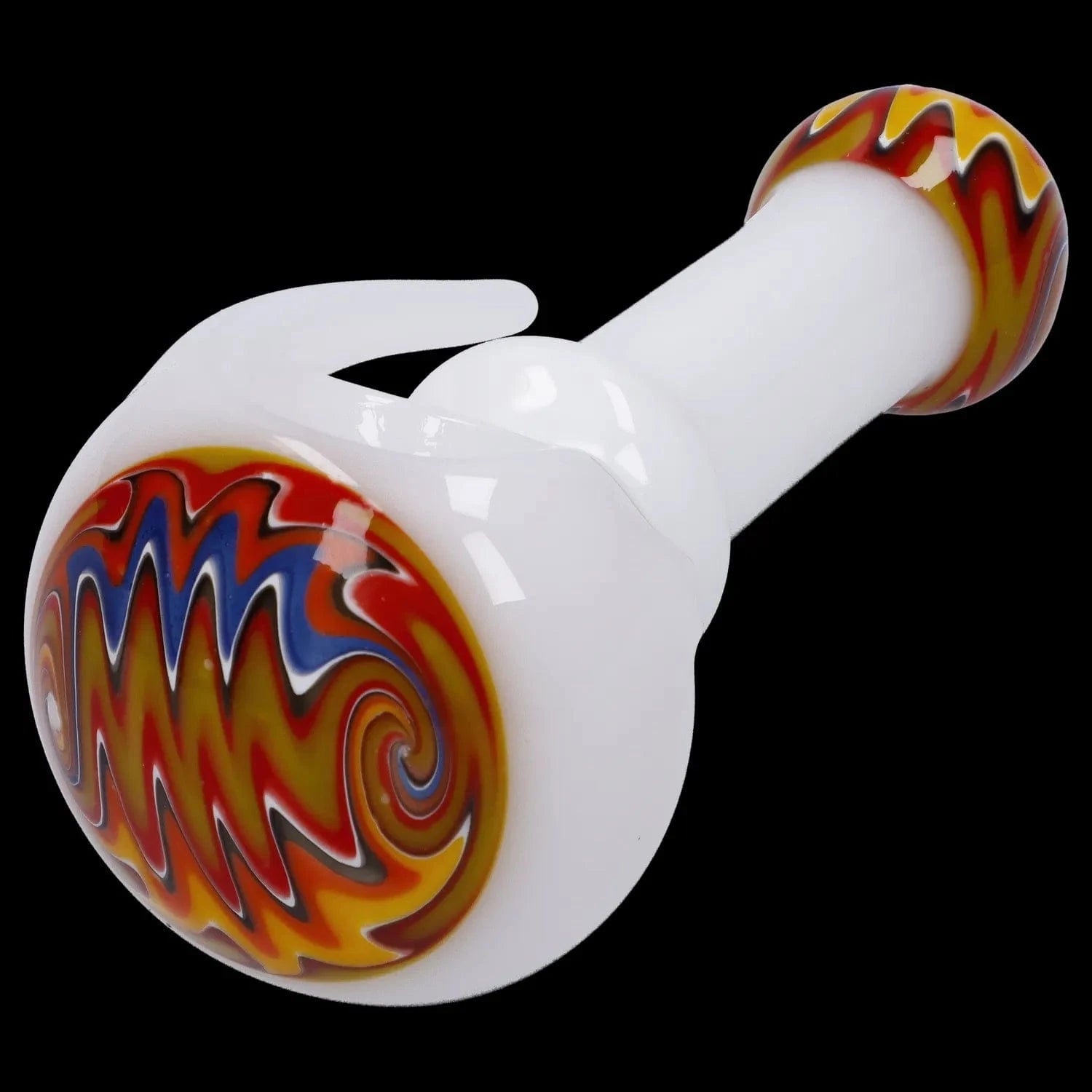 Close-up angled view of the Slime Tube Horn Reversal Art Spoon Pipe - 4.5 in, showing its white glass body and colorful red-yellow-blue swirled bowl against a black background.