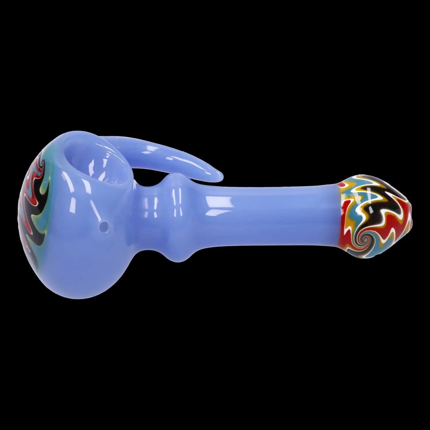 Side profile of the Slime Tube Horn Reversal Art Spoon Pipe - 4.5 in in glossy pale blue with a colorful swirled tip against a black background