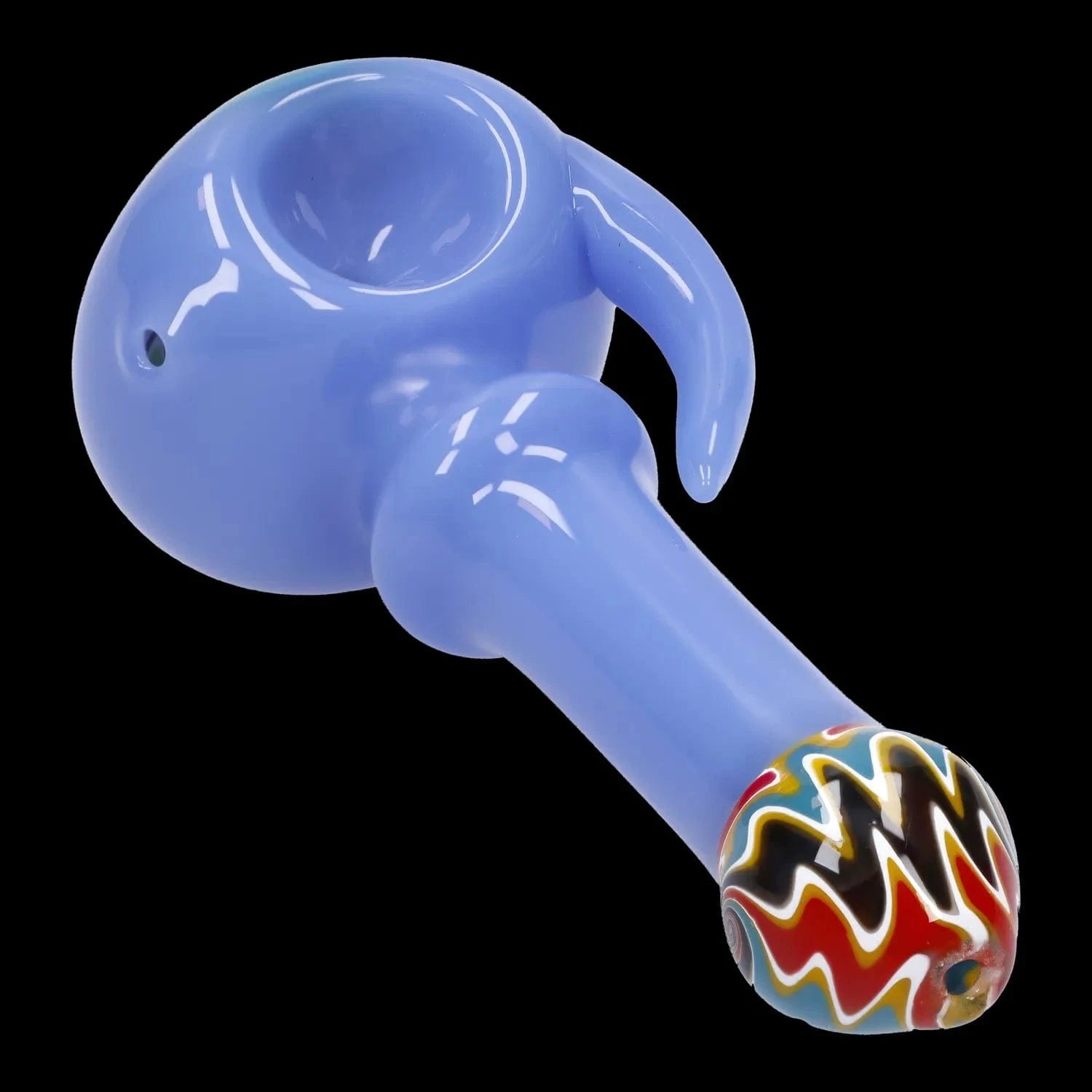 Close angled view of the blue Slime Tube Horn Reversal Art Spoon Pipe - 4.5 in showing its bowl, hooked horn, and multicolored tip.