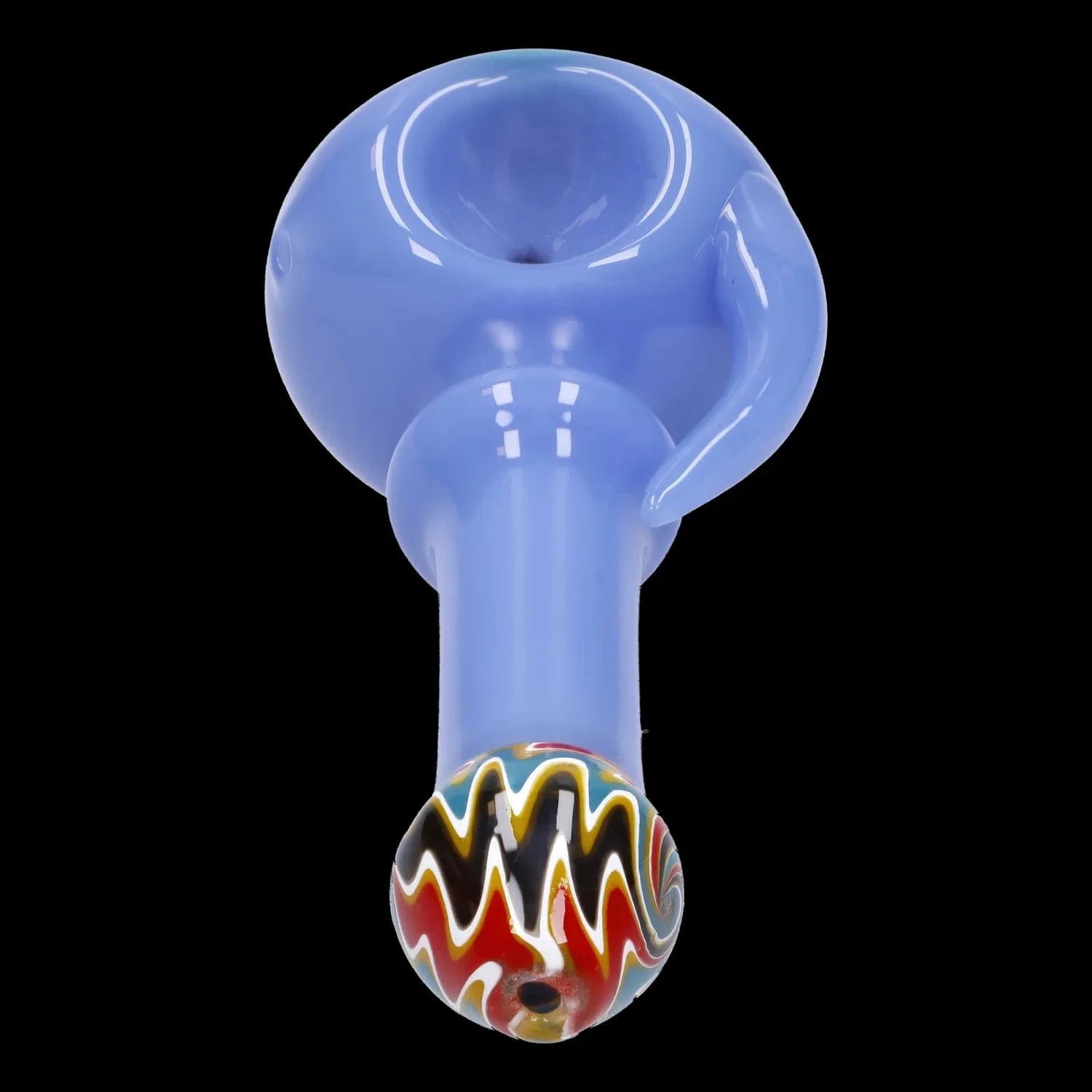 Top-down close-up of the light blue Slime Tube Horn Reversal Art Spoon Pipe - 4.5 in, showing the rounded bowl and colorful swirled carb.