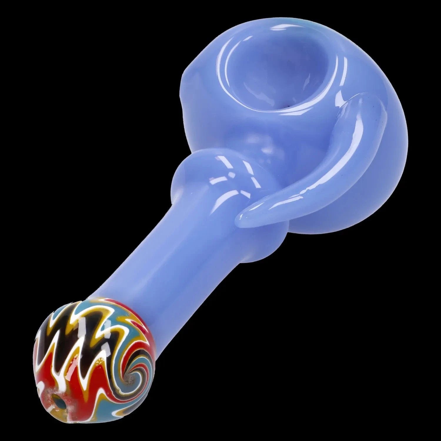 Close-up angled view of the Slime Tube Horn Reversal Art Spoon Pipe - 4.5 in showing its glossy light-blue bowl and curved horn detail with a colorful swirled mouthpiece on a black background.