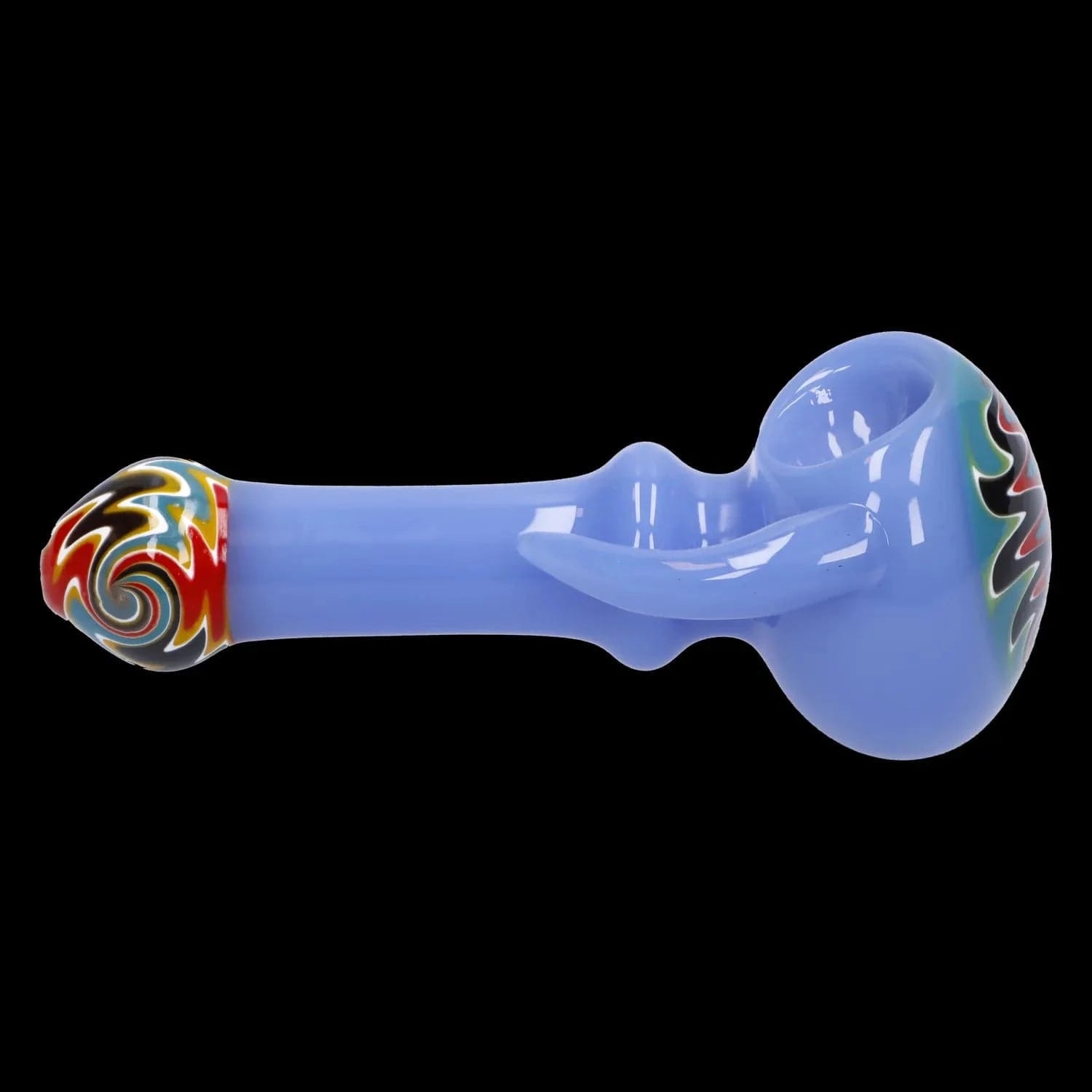 Side profile of the Slime Tube Horn Reversal Art Spoon Pipe - 4.5 in, showing a glossy light-blue glass body with colorful swirled tip and rounded bowl on a black background