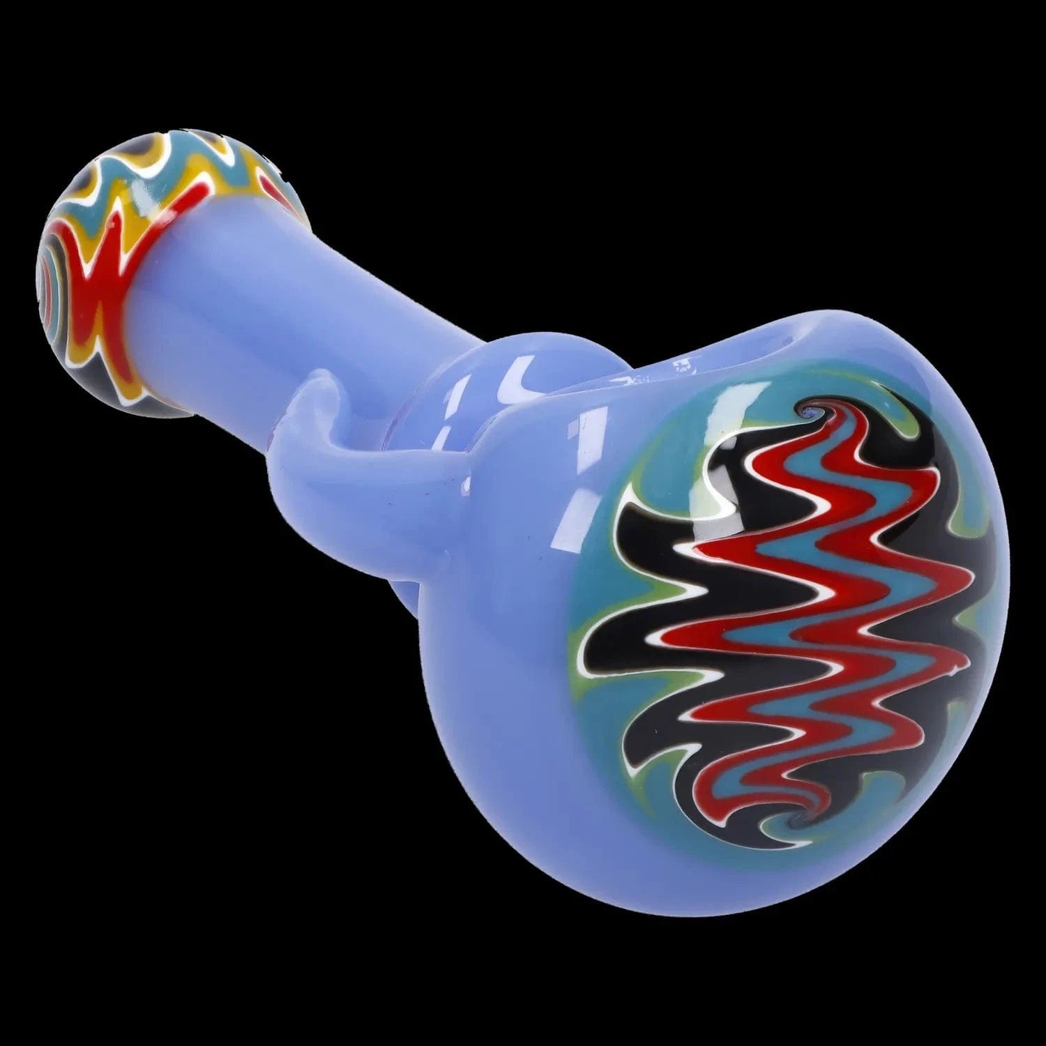 Close-up angled view of the Slime Tube Horn Reversal Art Spoon Pipe - 4.5 in in pale blue glass with a multicolored wavy pattern on the bowl against a black background