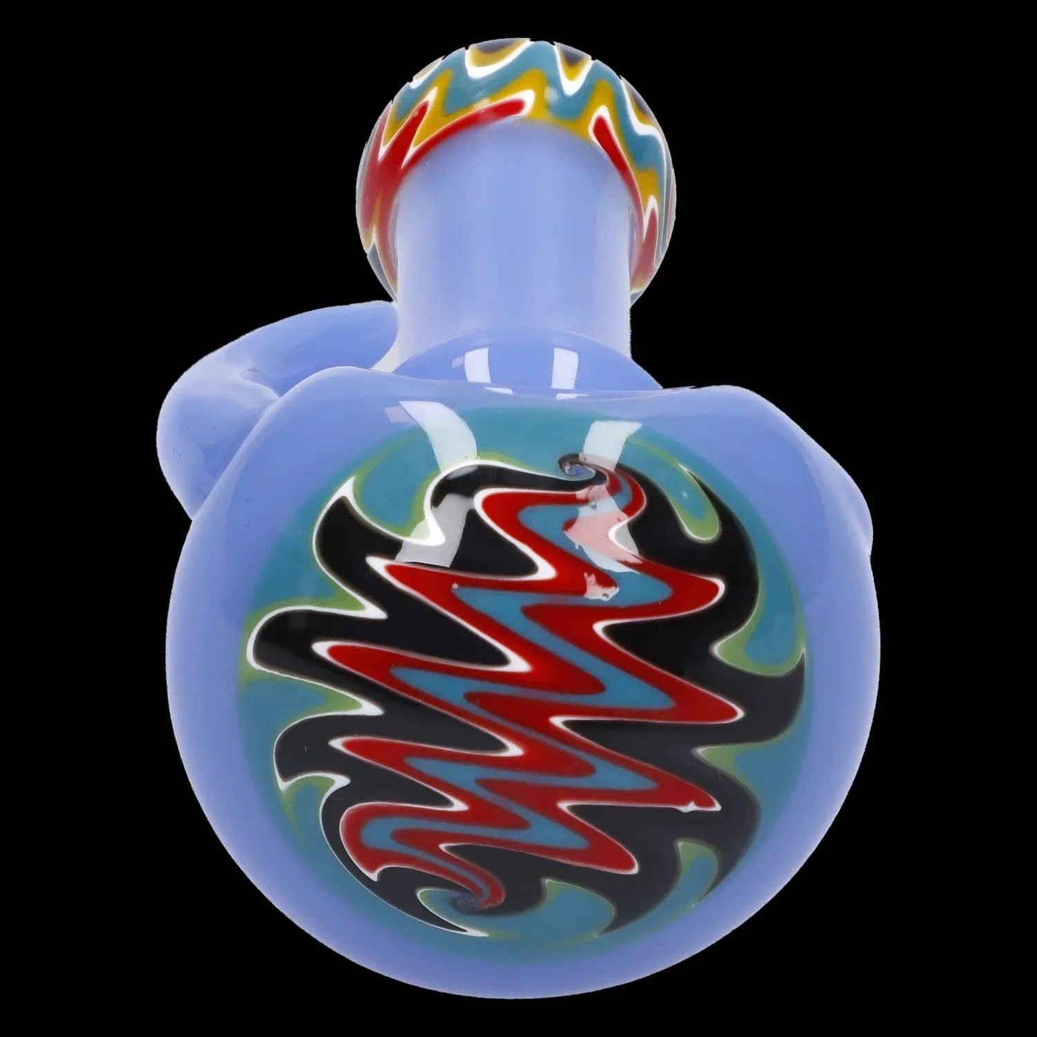 Close-up front view of the Slime Tube Horn Reversal Art Spoon Pipe - 4.5 in showing a pale blue body with a colorful zigzag medallion and a chevron-rimmed mouthpiece against black.