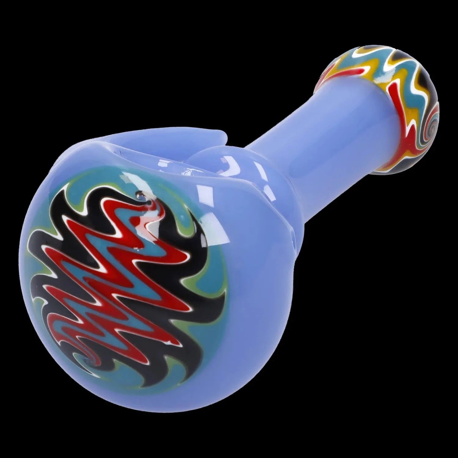 Close-up angled view of the Slime Tube Horn Reversal Art Spoon Pipe - 4.5 in showing a glossy pale-blue body and colorful swirled end cap against a black background