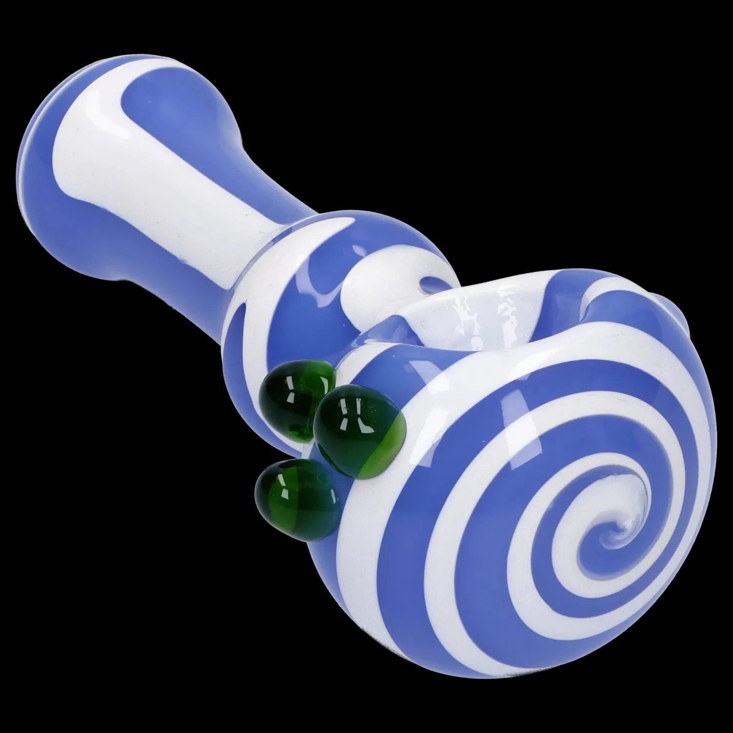 A slightly angled view of the 4.5-inch Swirl Color Tube Pipe, featuring a colorful swirl pattern in blue and white glass.