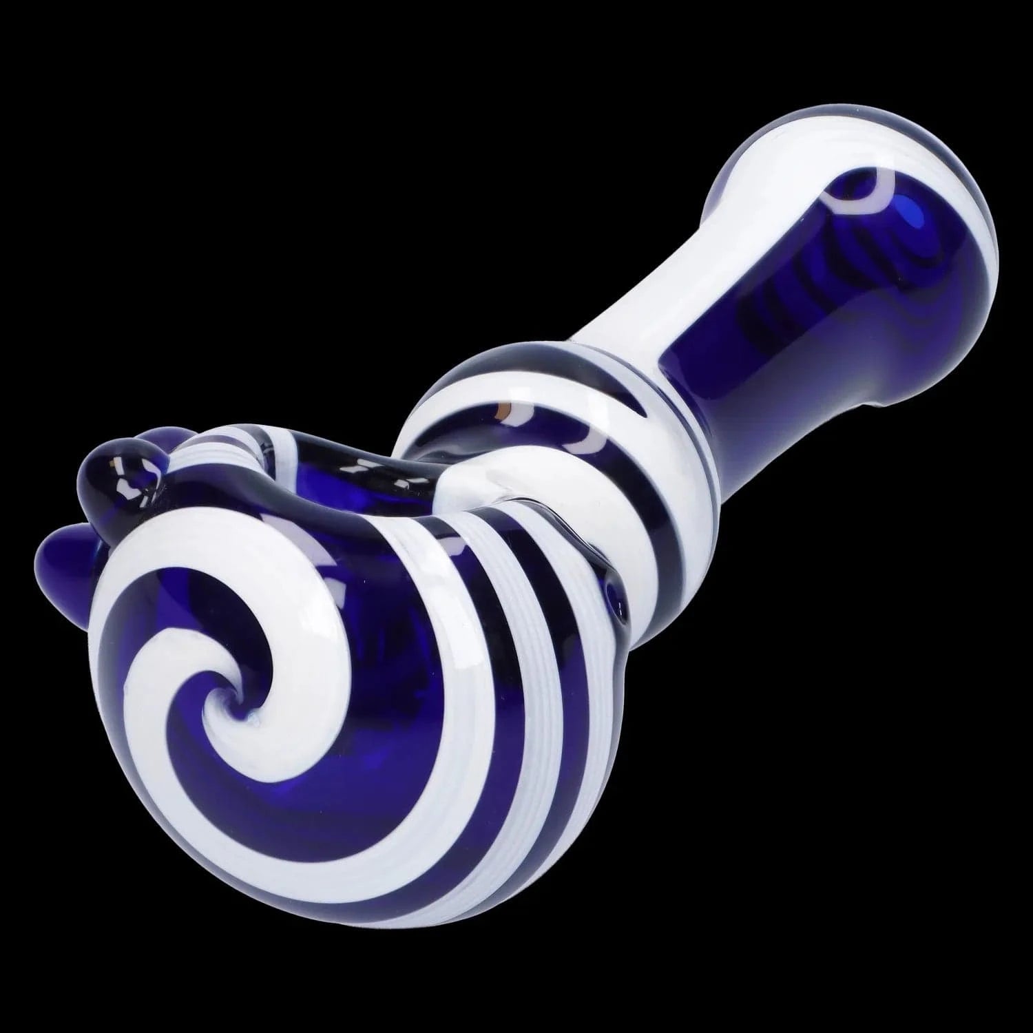 A close-up view of the Swirl Color Tube Pipe - 4.5 in, showcasing its swirling blue and white glass design.