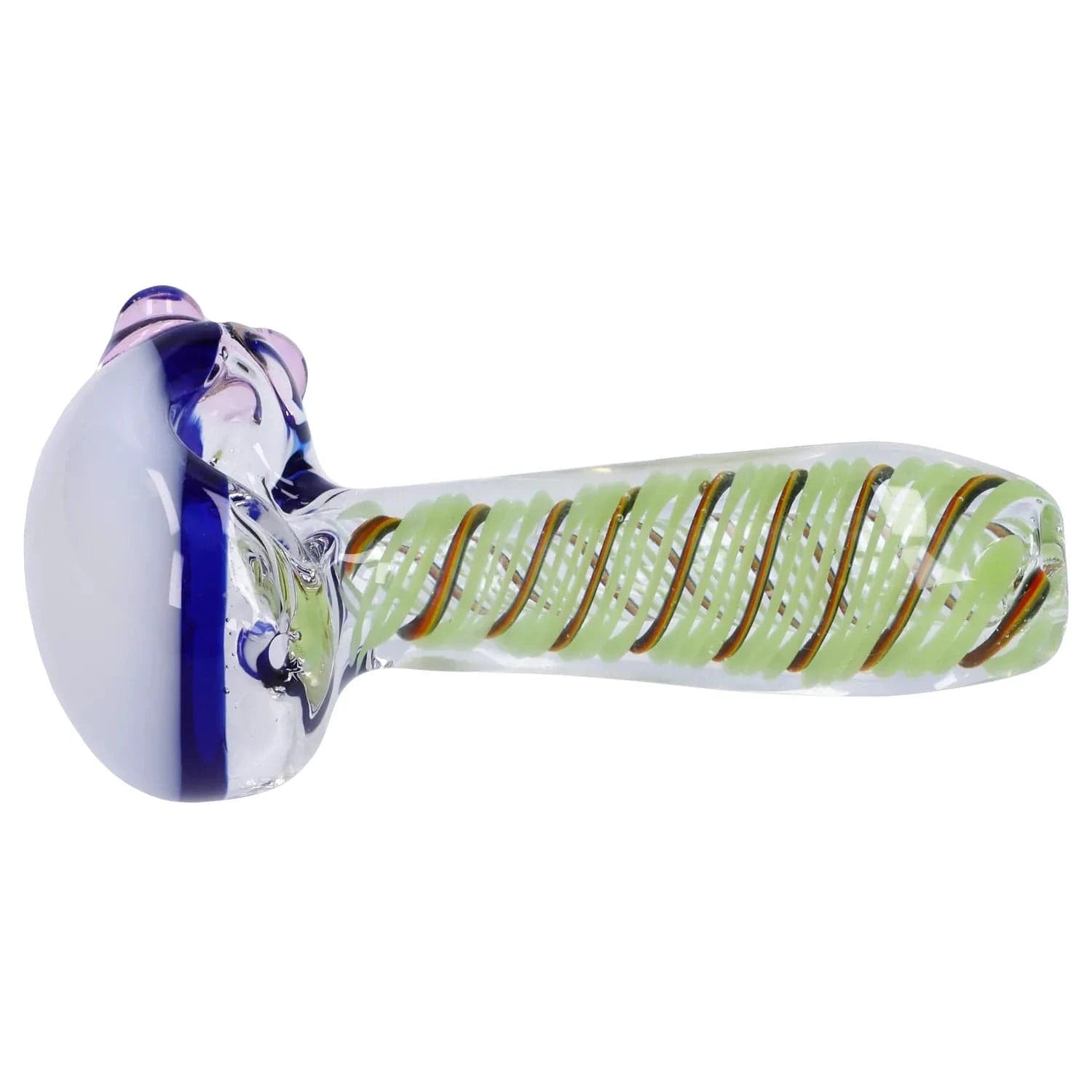 Side view of the Swirling Double Blown Spoon Pipe - 4.5 in showing a clear glass body with lime green and amber spiral cane inside and a blue-rimmed bowl.