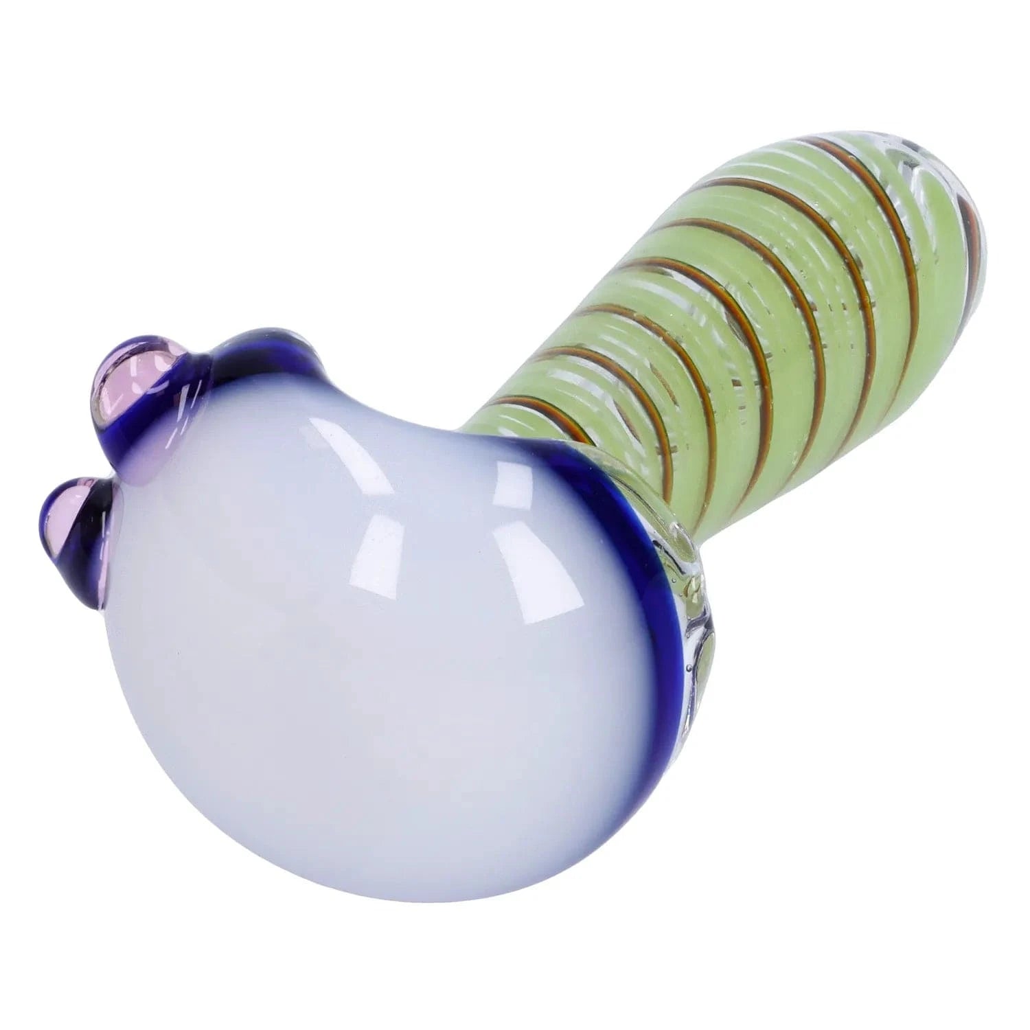 Angled close-up of the Swirling Double Blown Spoon Pipe - 4.5 in showing the rounded white bowl with blue rim and a green spiral-striped handle.