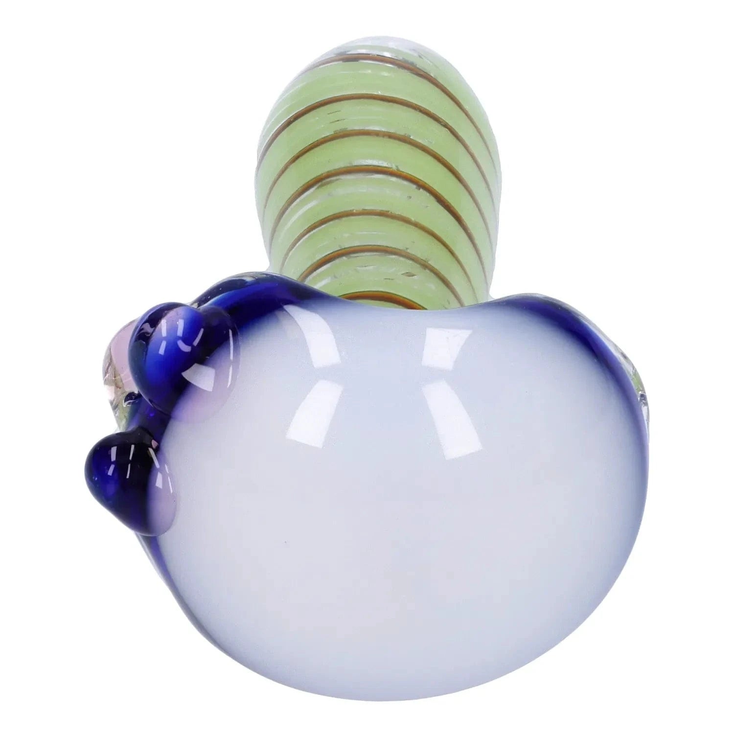 Close-up front view of the Swirling Double Blown Spoon Pipe - 4.5 in showing a pale blue rounded bowl with cobalt blue glass accents and a green striped neck.