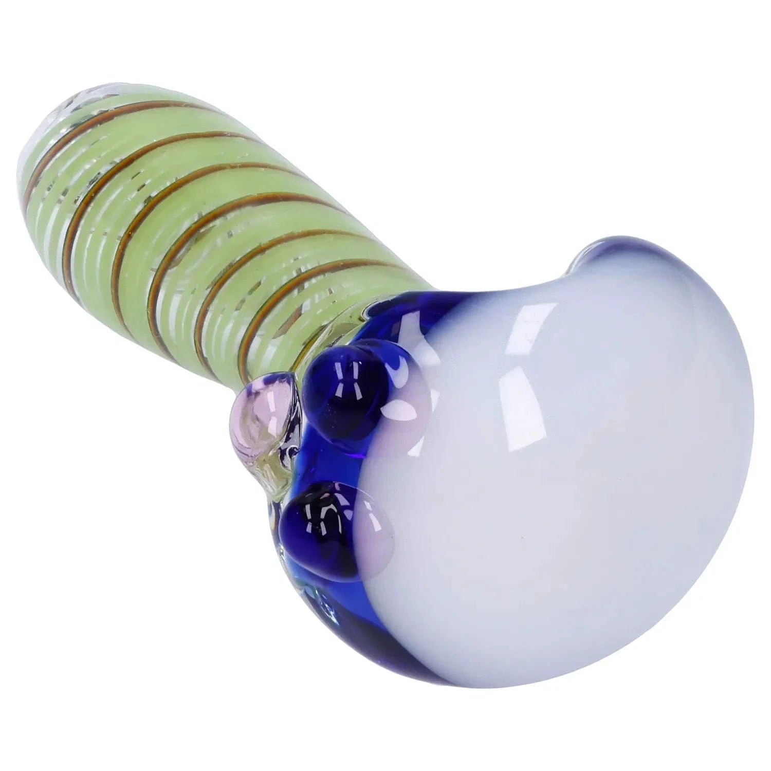 Close-up angled view of the Swirling Double Blown Spoon Pipe - 4.5 in showing its pale green spiral-wrapped stem and rounded white bowl with cobalt blue accents.
