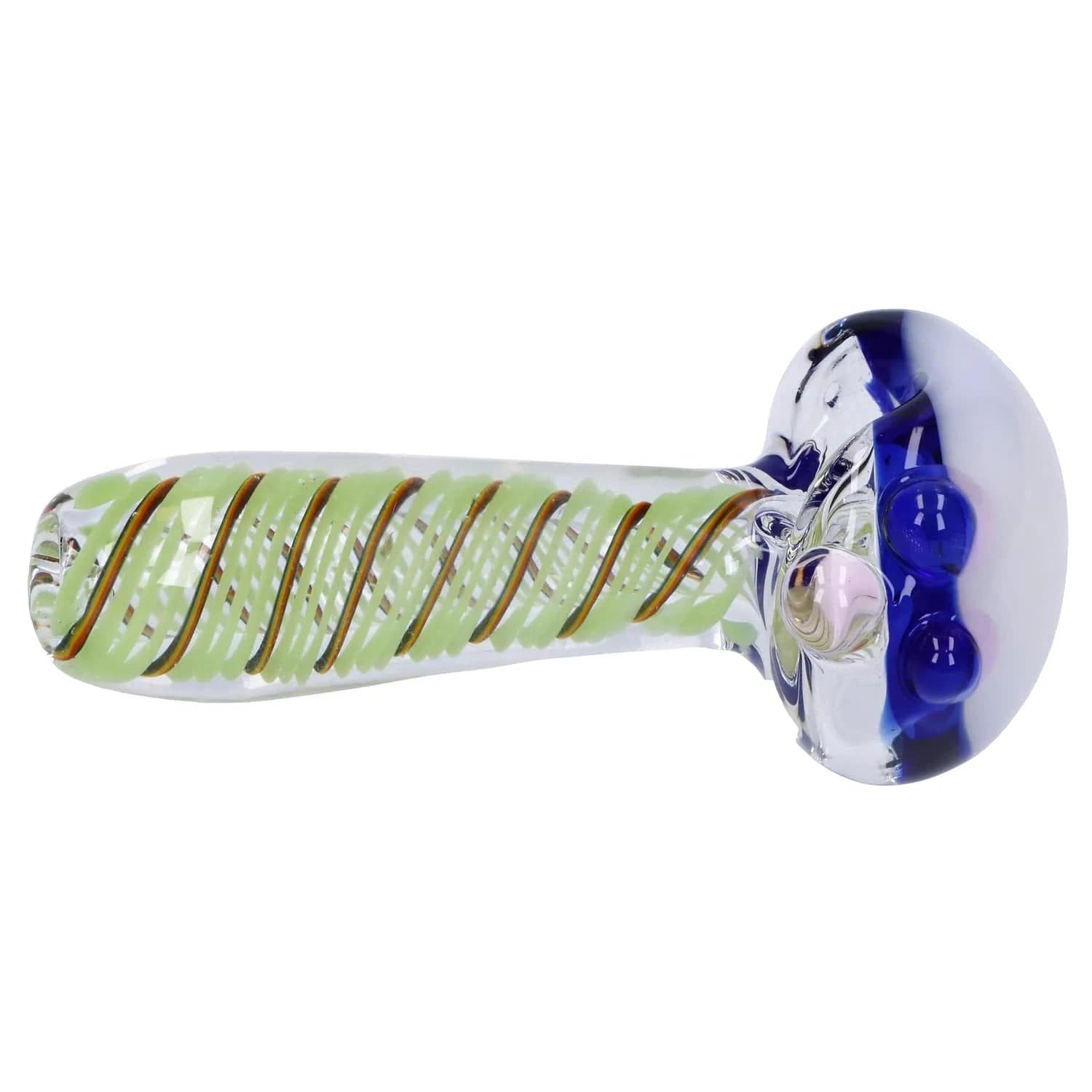 Side view of the Swirling Double Blown Spoon Pipe - 4.5 in showing the clear glass body with green and amber spiral ribbons and a blue-accented bowl.