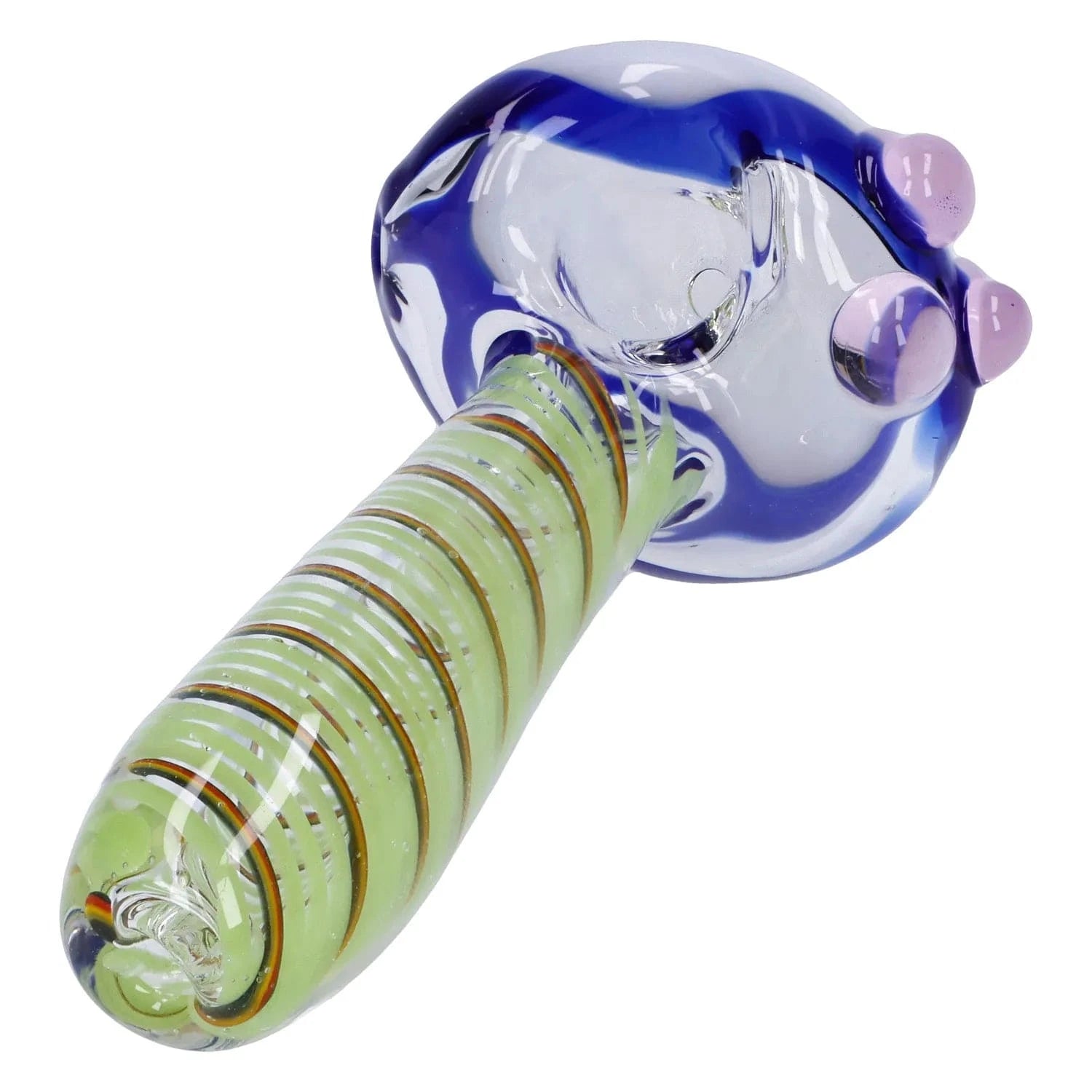 Angled close-up of the Swirling Double Blown Spoon Pipe - 4.5 in showing a green spiraled handle leading to a clear bowl with blue rim and three pink glass knobs