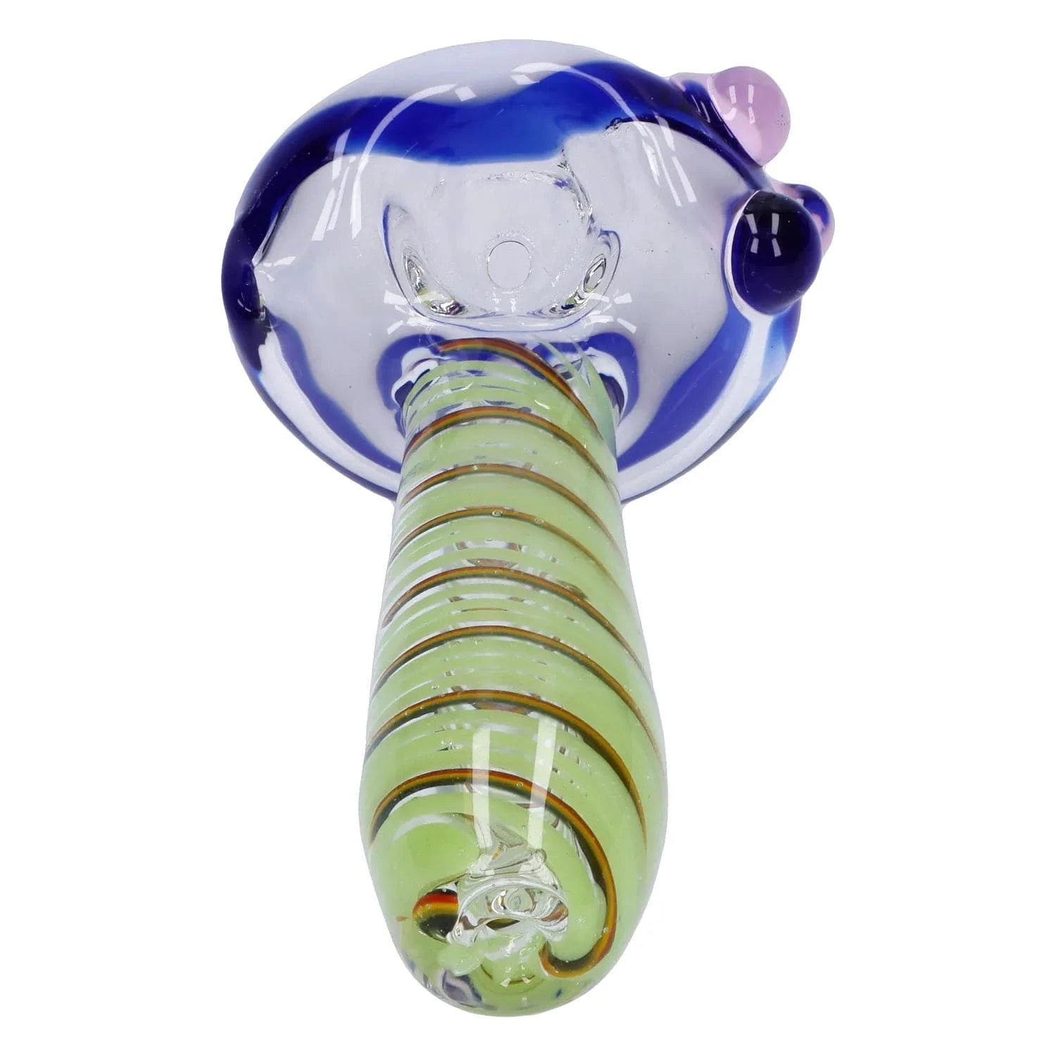 Low-angle view of the Swirling Double Blown Spoon Pipe - 4.5 in, showing its green spiral stem leading up to a blue-rimmed glass bowl.