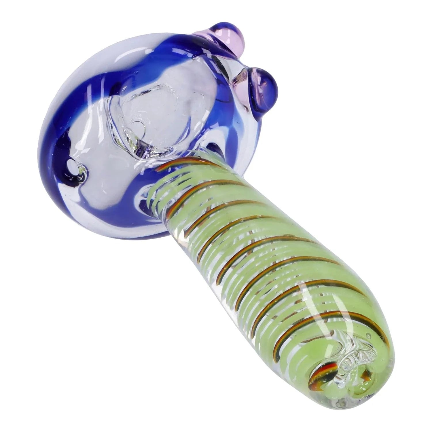 Angled close-up of the Swirling Double Blown Spoon Pipe - 4.5 in showing its clear glass bowl with cobalt blue rim and a green, spiral-striped handle.
