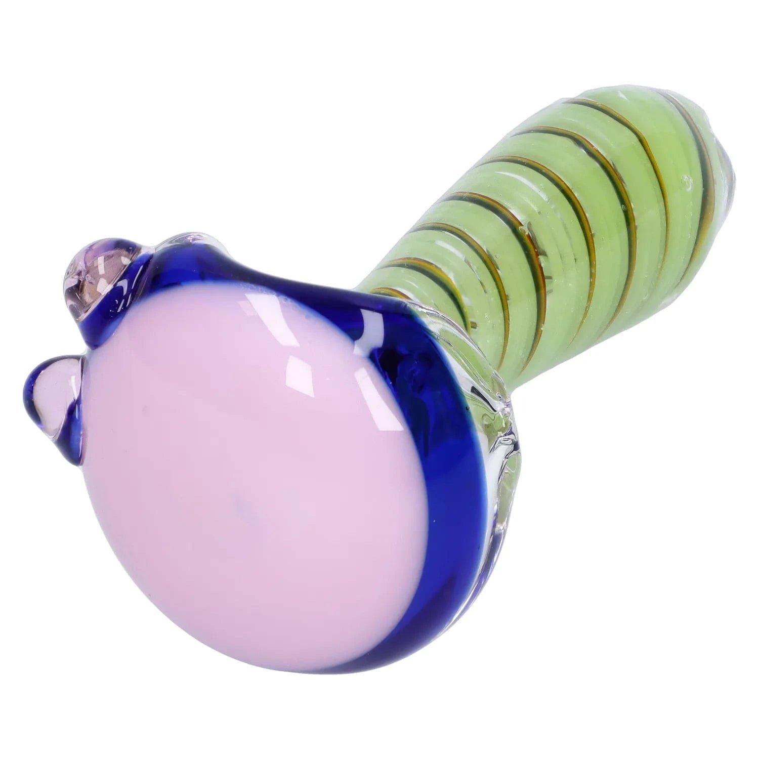 Close-up angled view of the Swirling Double Blown Spoon Pipe - 4.5 in, showing a pink rounded bowl rimmed in cobalt blue and a green spiraled handle.