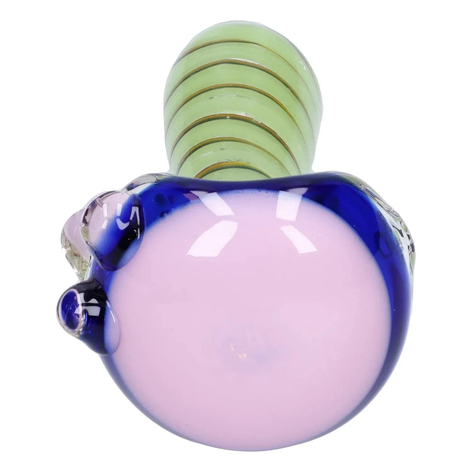 Top-down close-up of the Swirling Double Blown Spoon Pipe - 4.5 in showing a pale pink bowl rimmed in cobalt blue and a green spiral handle against a white background
